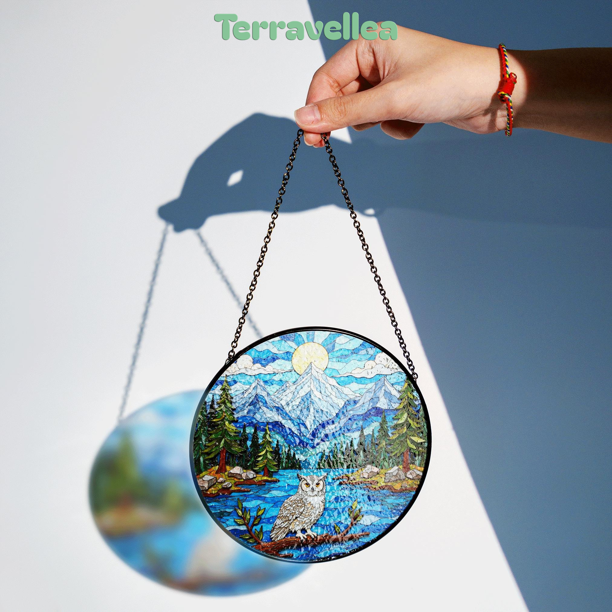 Mountain Owl Forest Scene Round Suncatcher Window Hanging Gift for Nature Lover - image 4