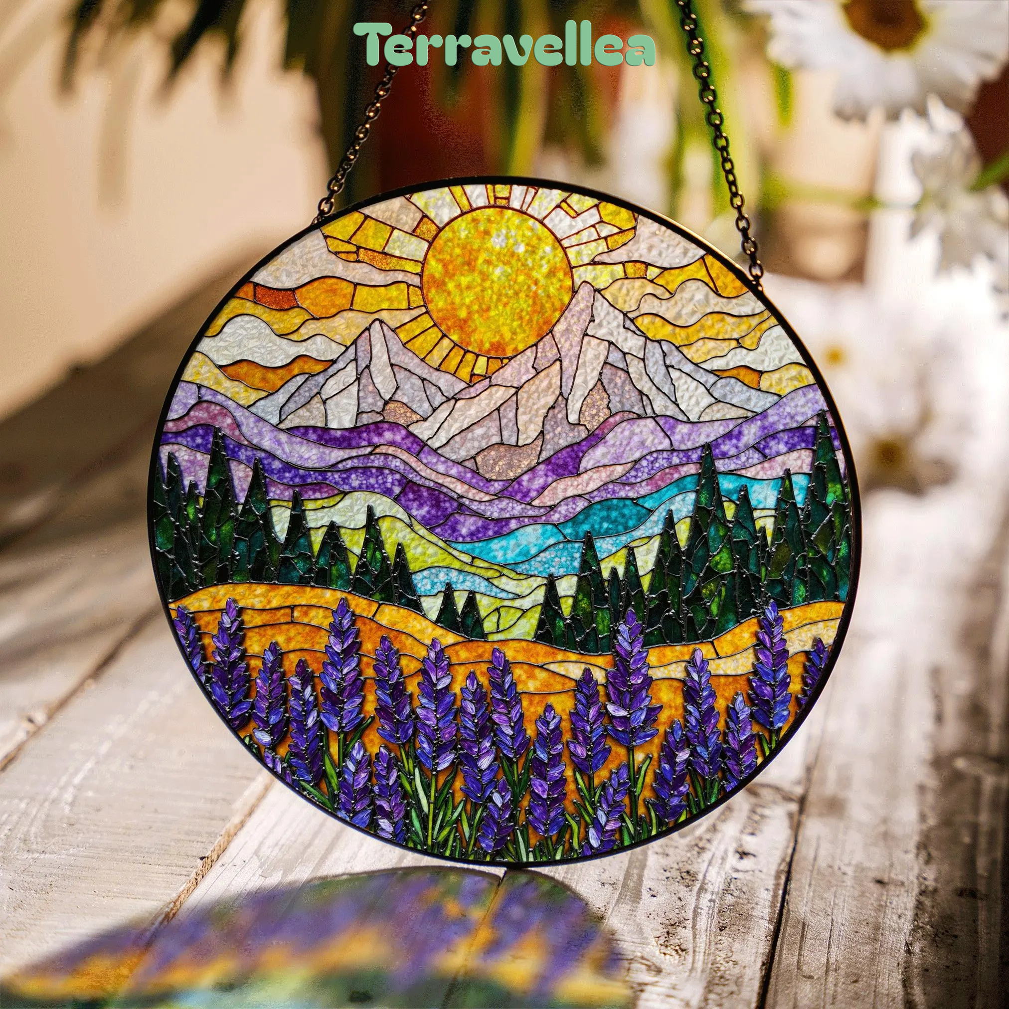 Mountain Sun Suncatcher Stained Glass Window Hanging Gift for Nature Lovers - image 1