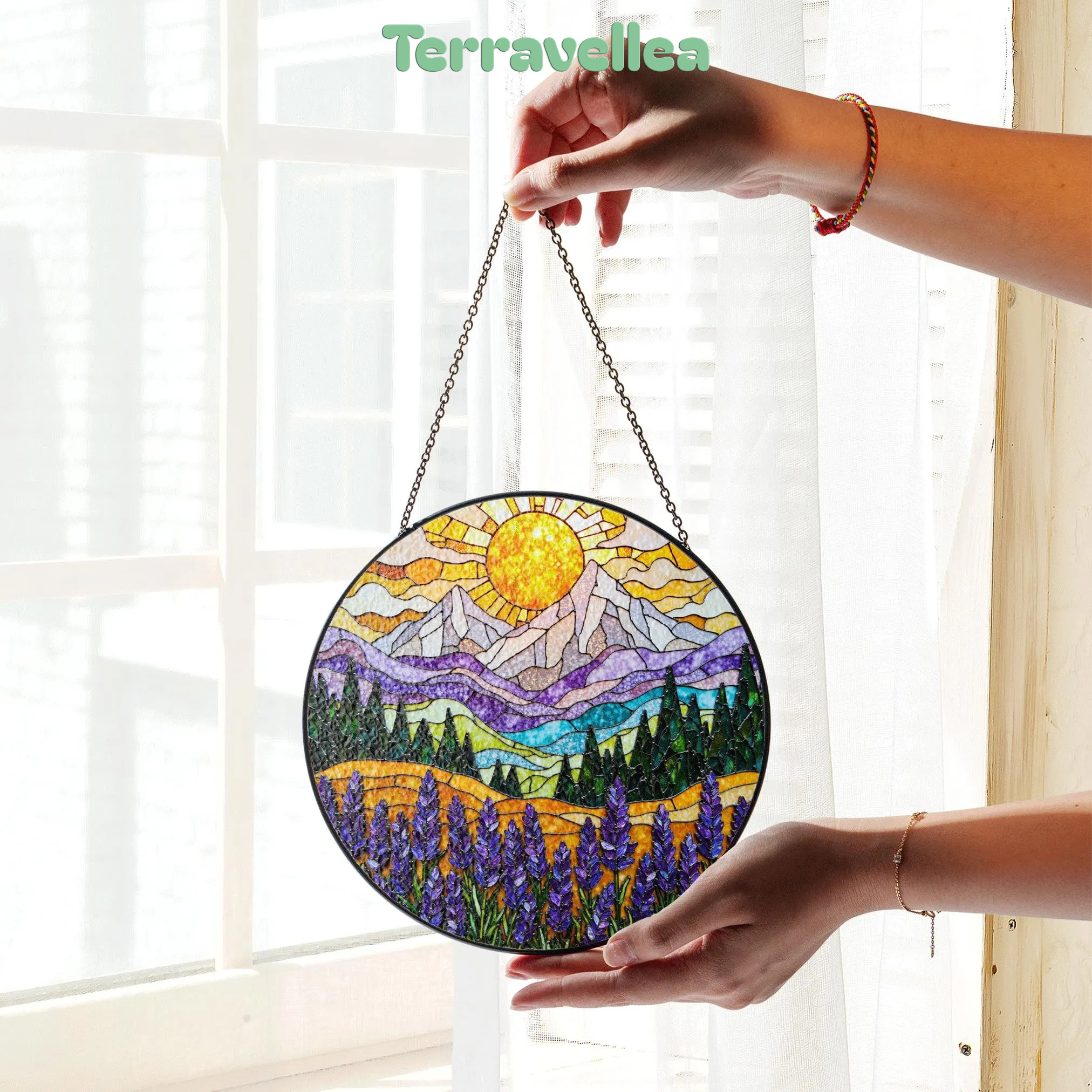 Mountain Sun Suncatcher Stained Glass Window Hanging Gift for Nature Lovers - image 3