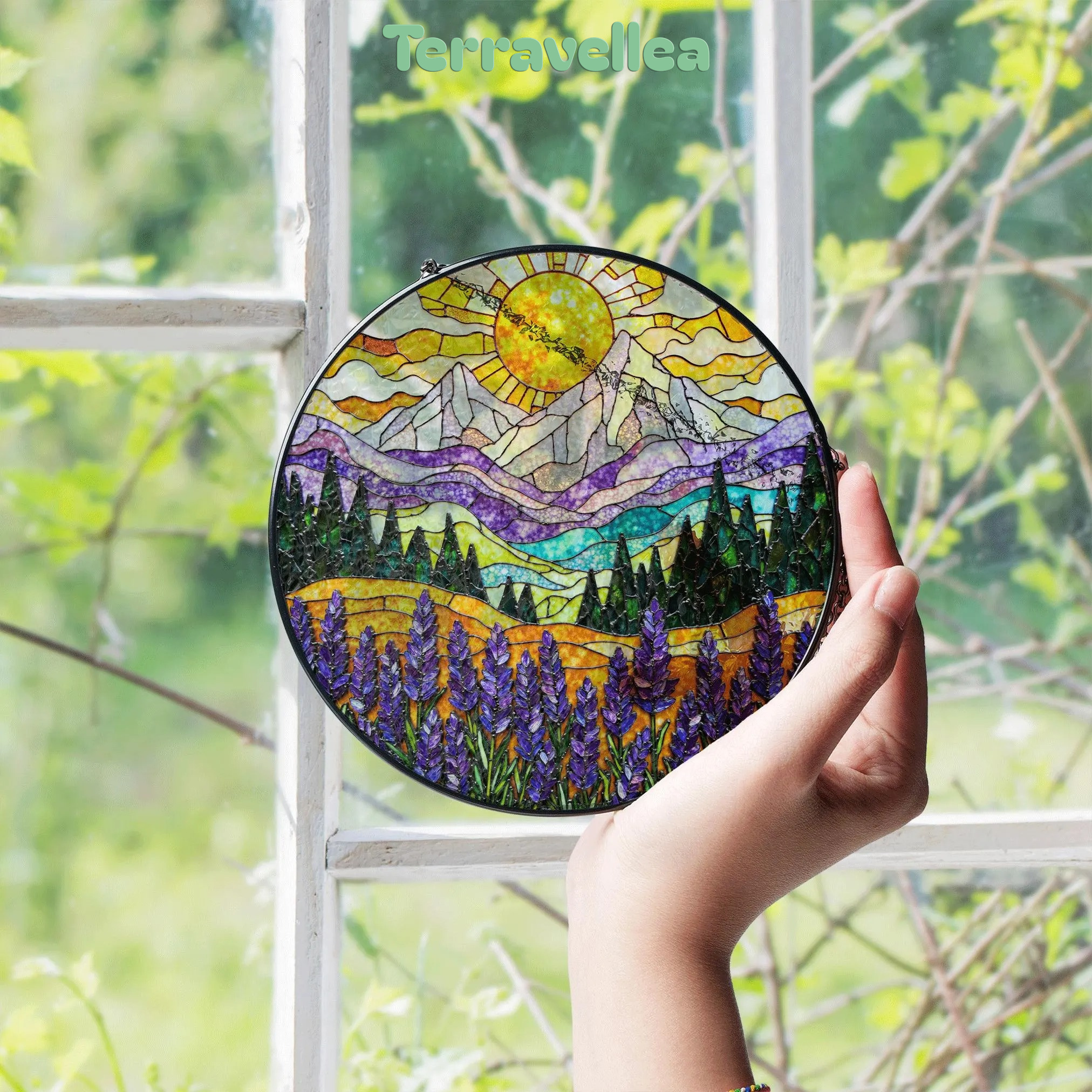 Mountain Sun Suncatcher Stained Glass Window Hanging Gift for Nature Lovers - image 4