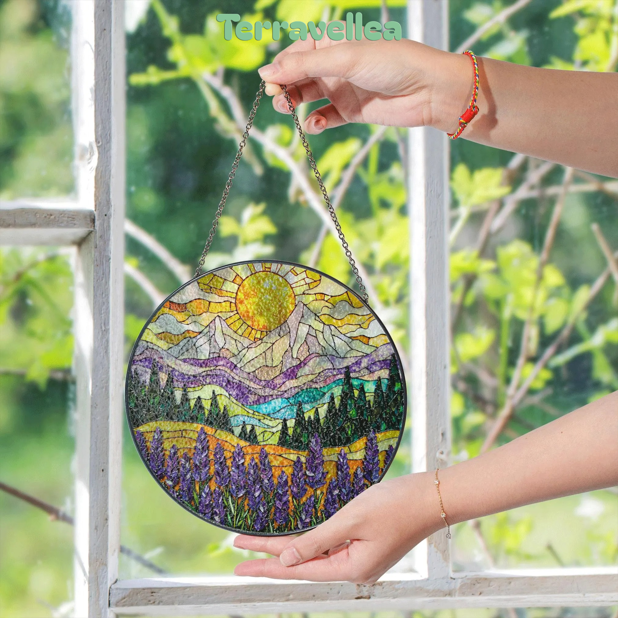 Mountain Sun Suncatcher Stained Glass Window Hanging Gift for Nature Lovers - image 5