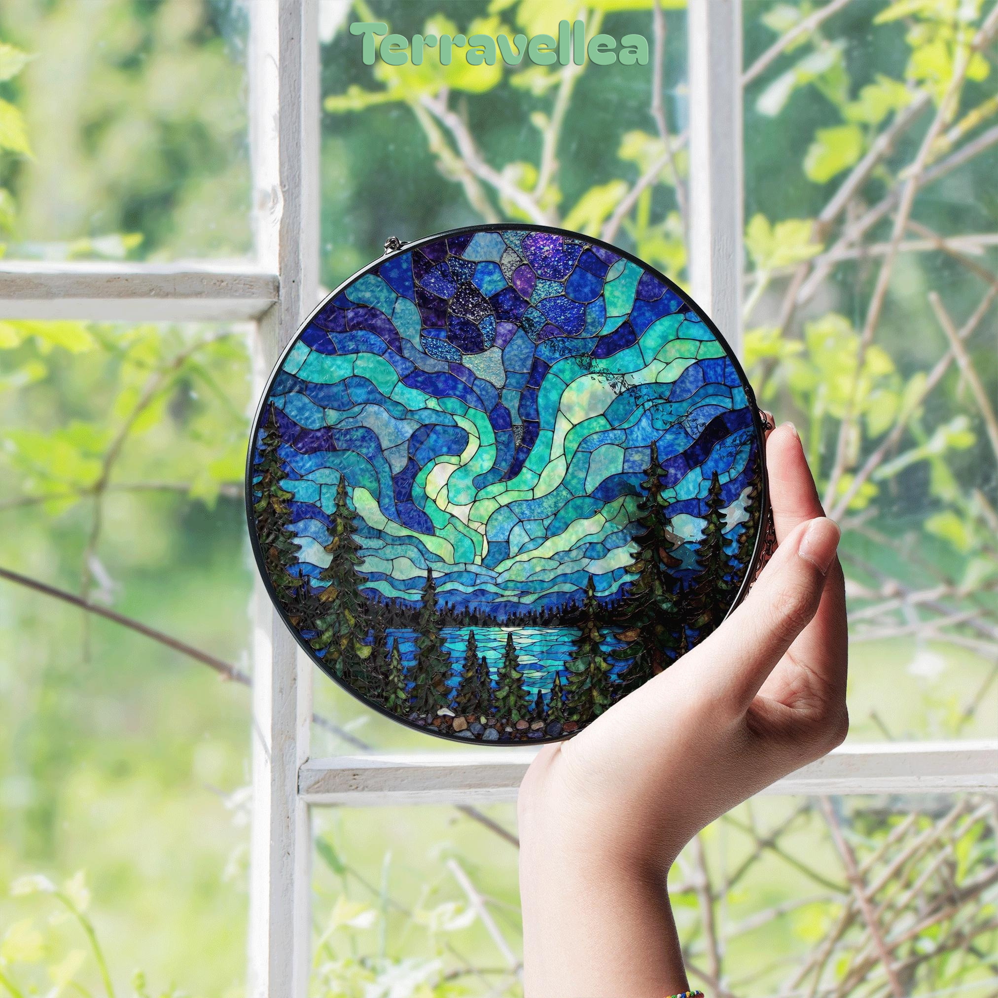 Northern Lights Stained Glass Suncatcher Nature Window Hanging Gift for Nature Lovers - image 4