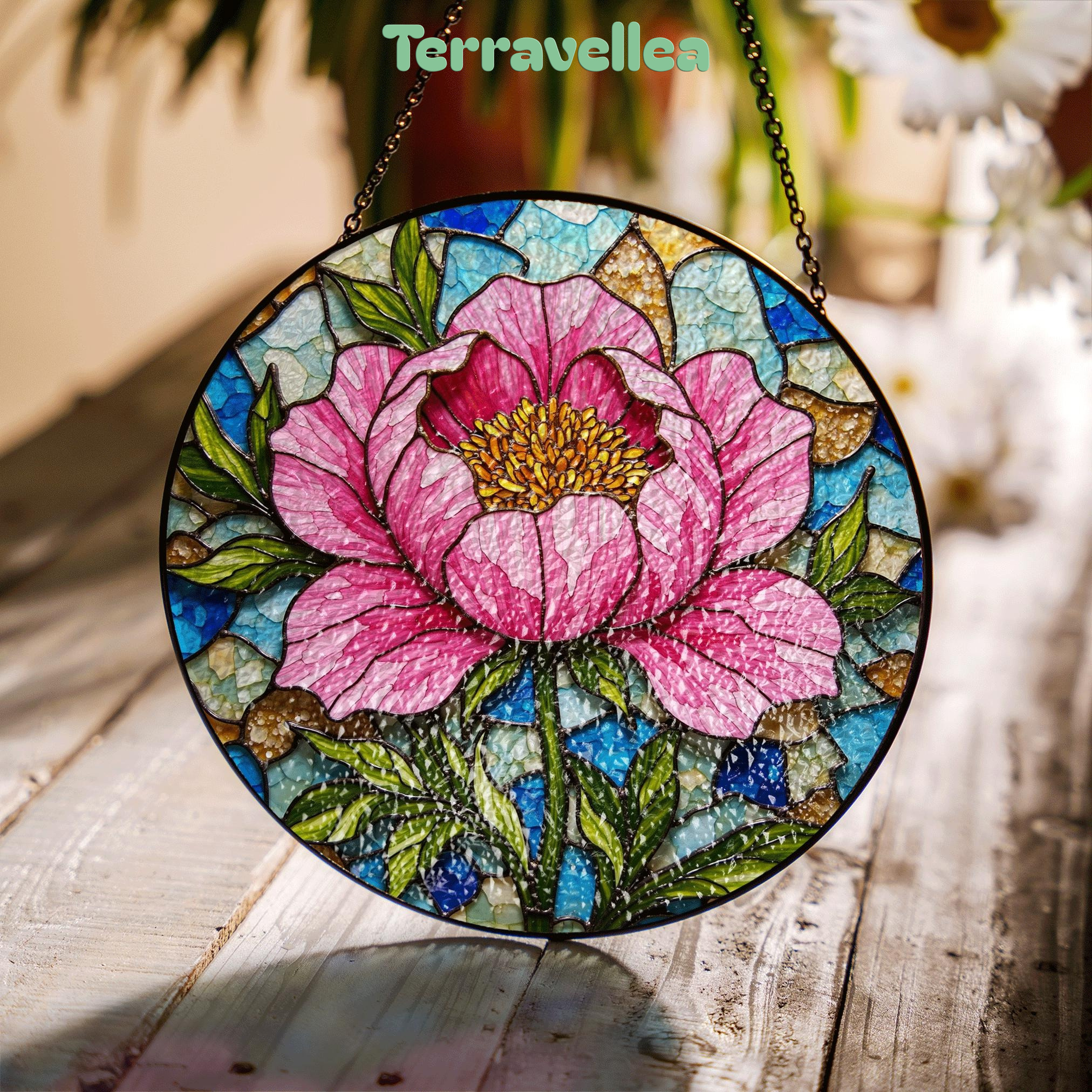 Peony Flower Stained Glass Suncatcher Hanging Window Art Home Decor Gift for Her - image 1