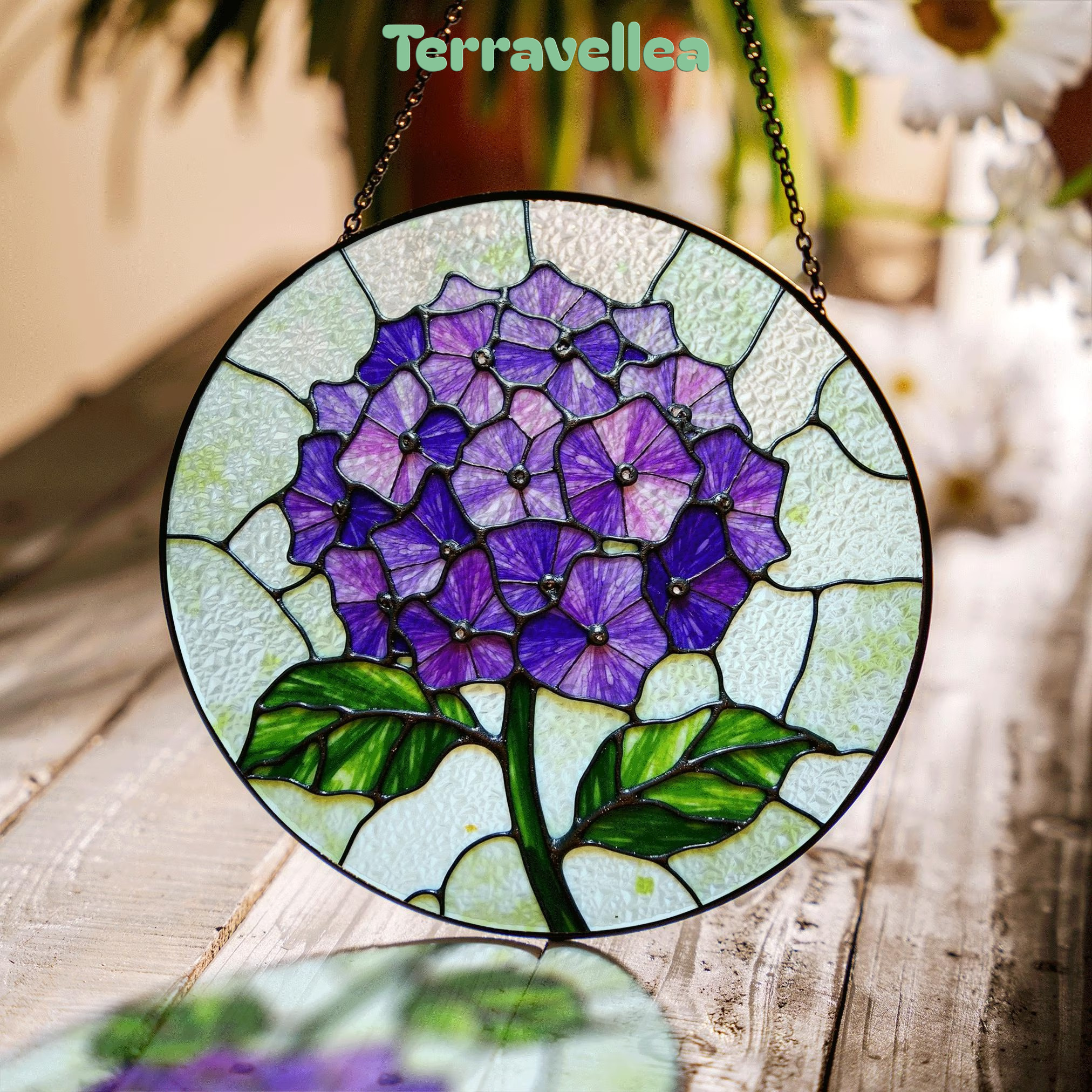 Purple Hydrangea Flower Stained Glass Suncatcher Window Decor Gift for Mom - image 1