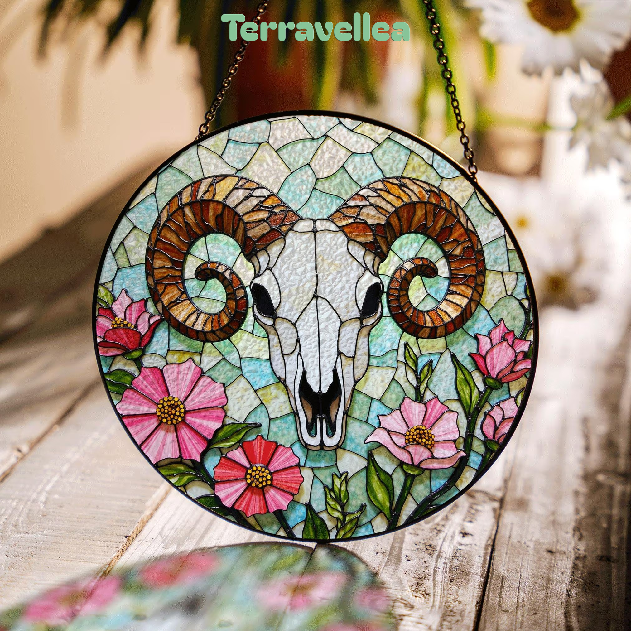 Ram Skull With Wildflowers Stained Glass Suncatcher Rustic Decor Gift for Nature Lovers - image 1