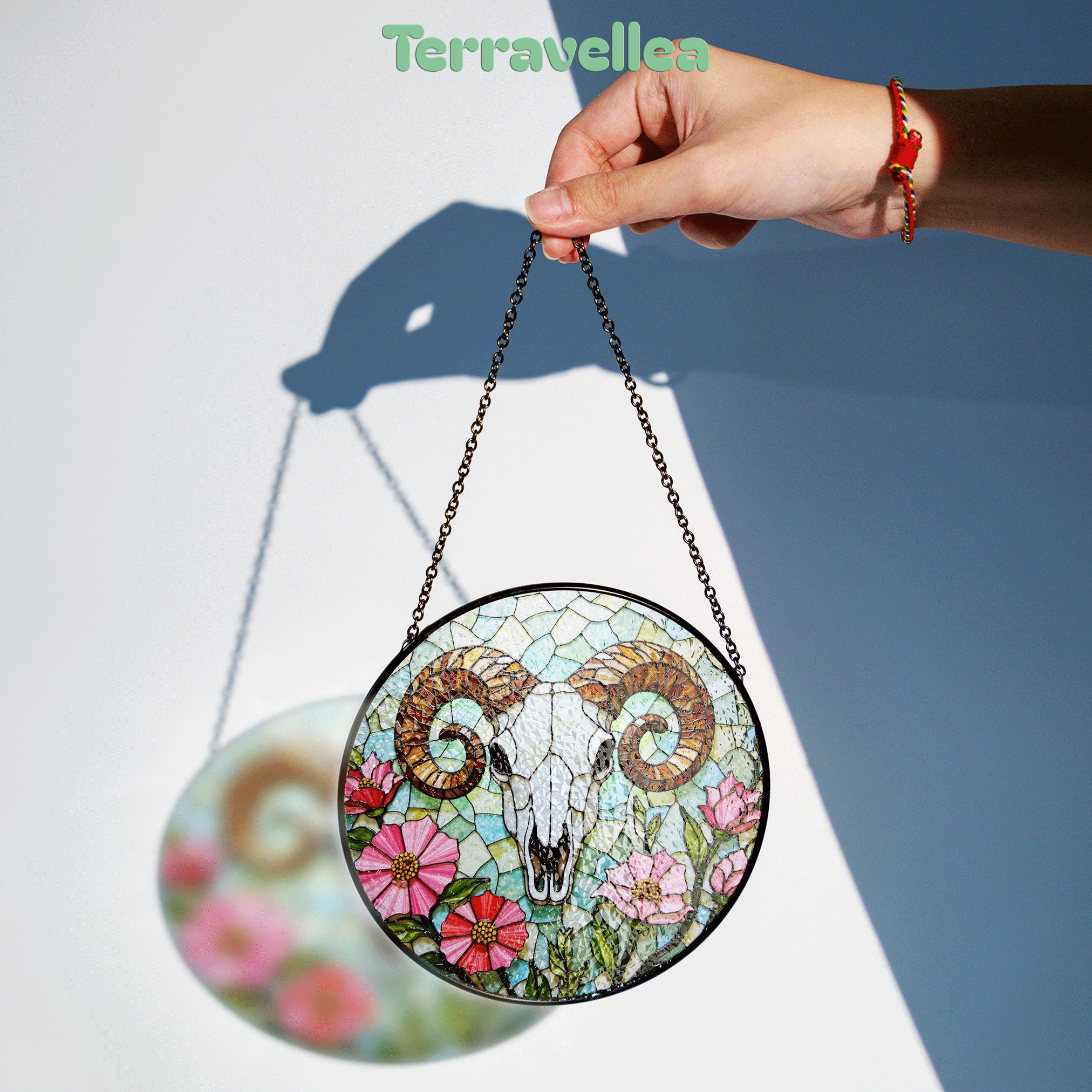 Ram Skull With Wildflowers Stained Glass Suncatcher Rustic Decor Gift for Nature Lovers - image 2