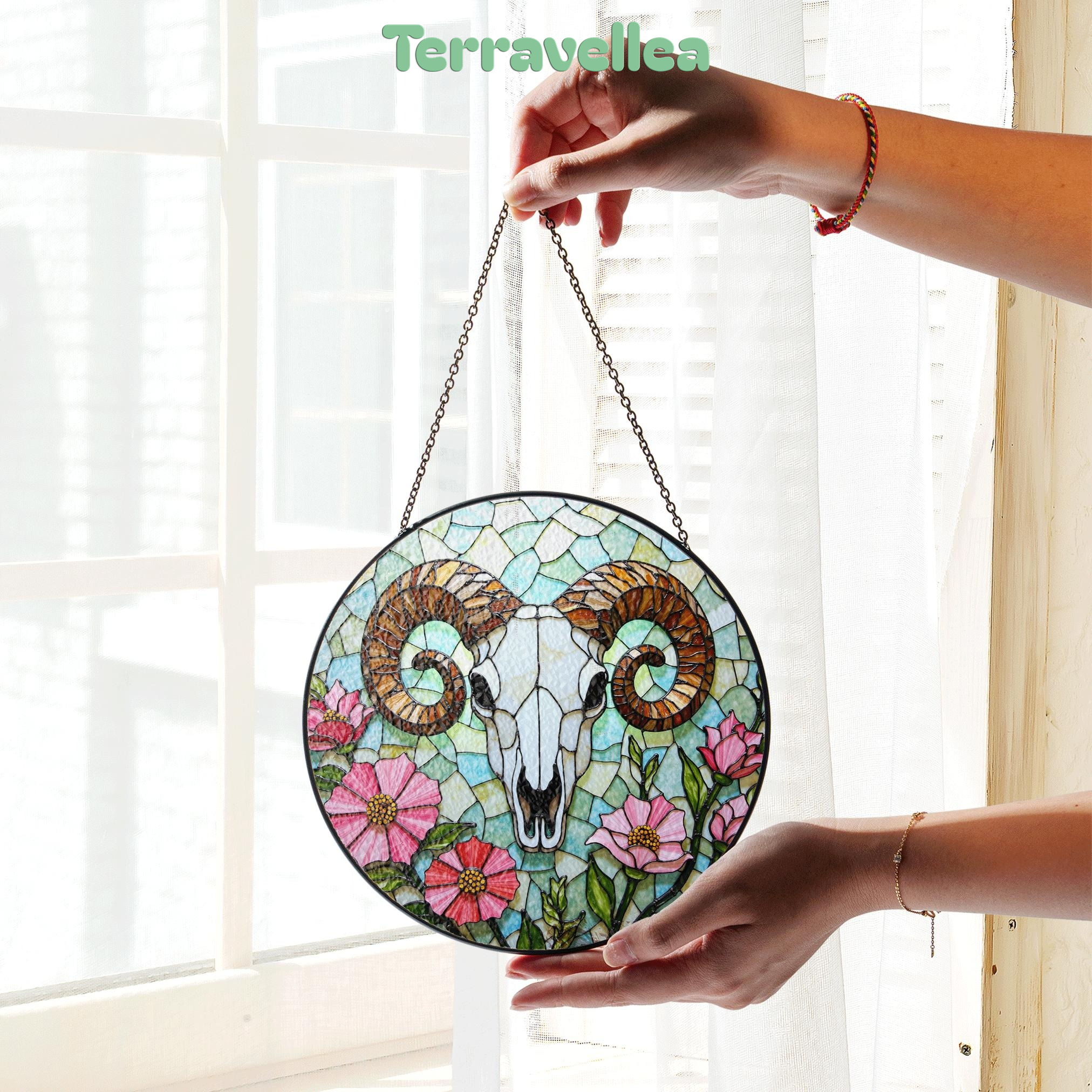Ram Skull With Wildflowers Stained Glass Suncatcher Rustic Decor Gift for Nature Lovers - image 3
