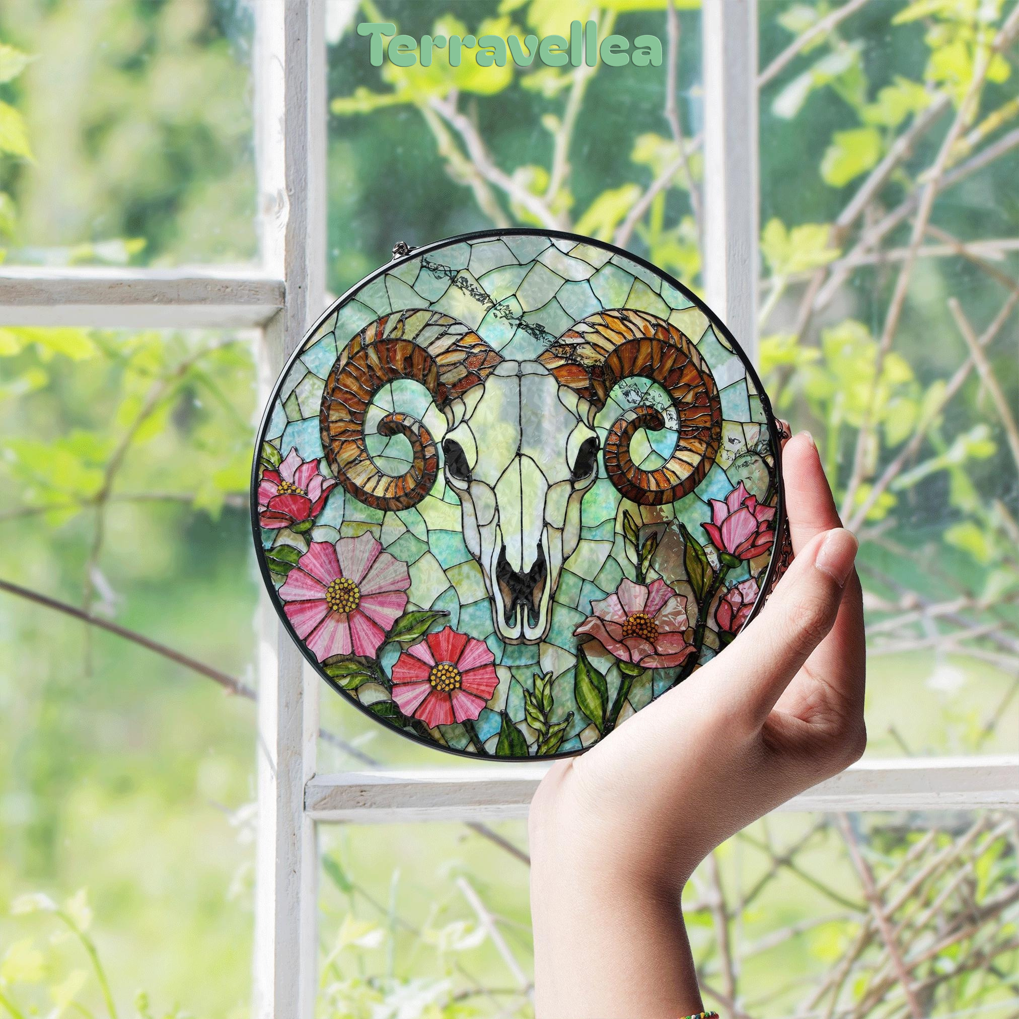 Ram Skull With Wildflowers Stained Glass Suncatcher Rustic Decor Gift for Nature Lovers - image 4