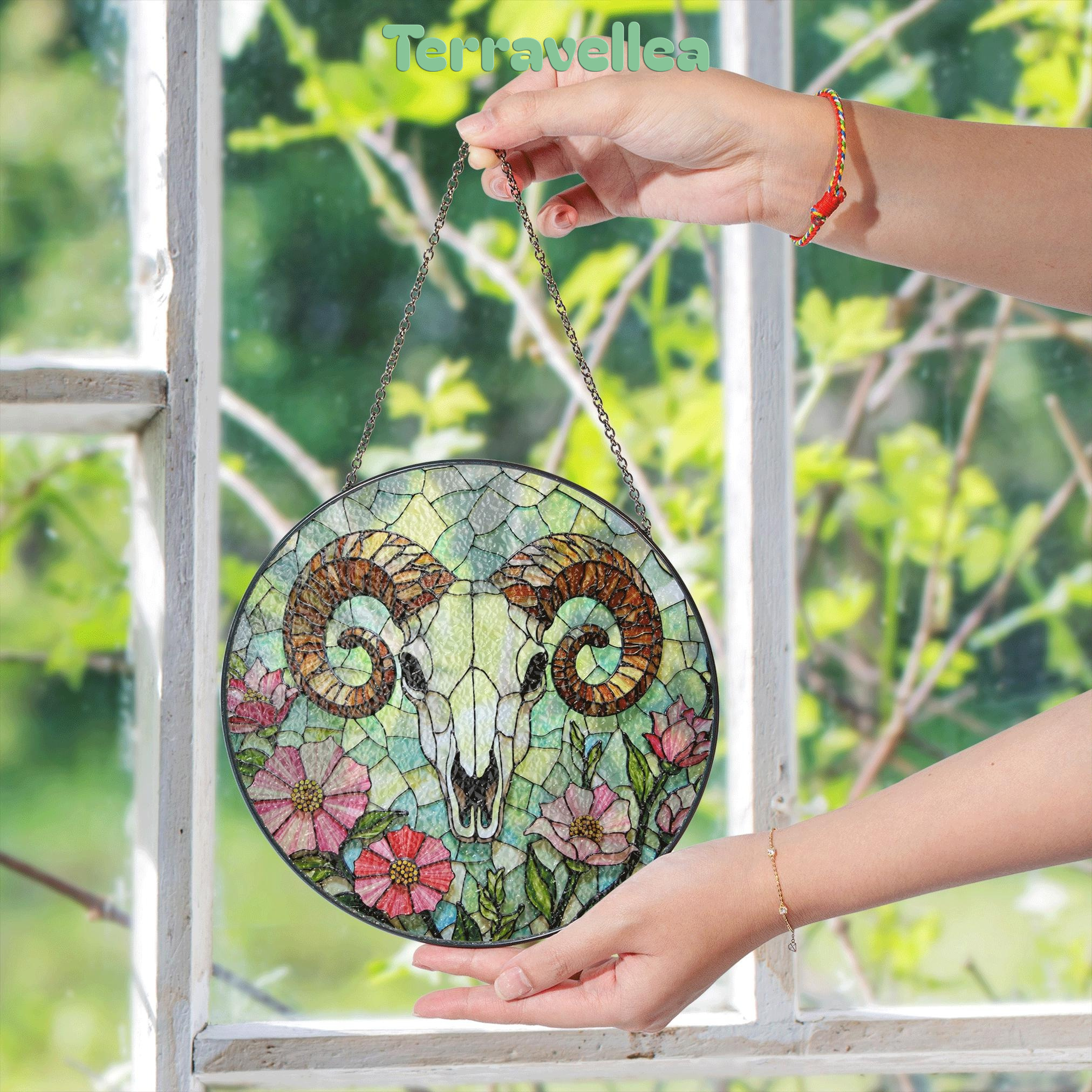 Ram Skull With Wildflowers Stained Glass Suncatcher Rustic Decor Gift for Nature Lovers - image 5