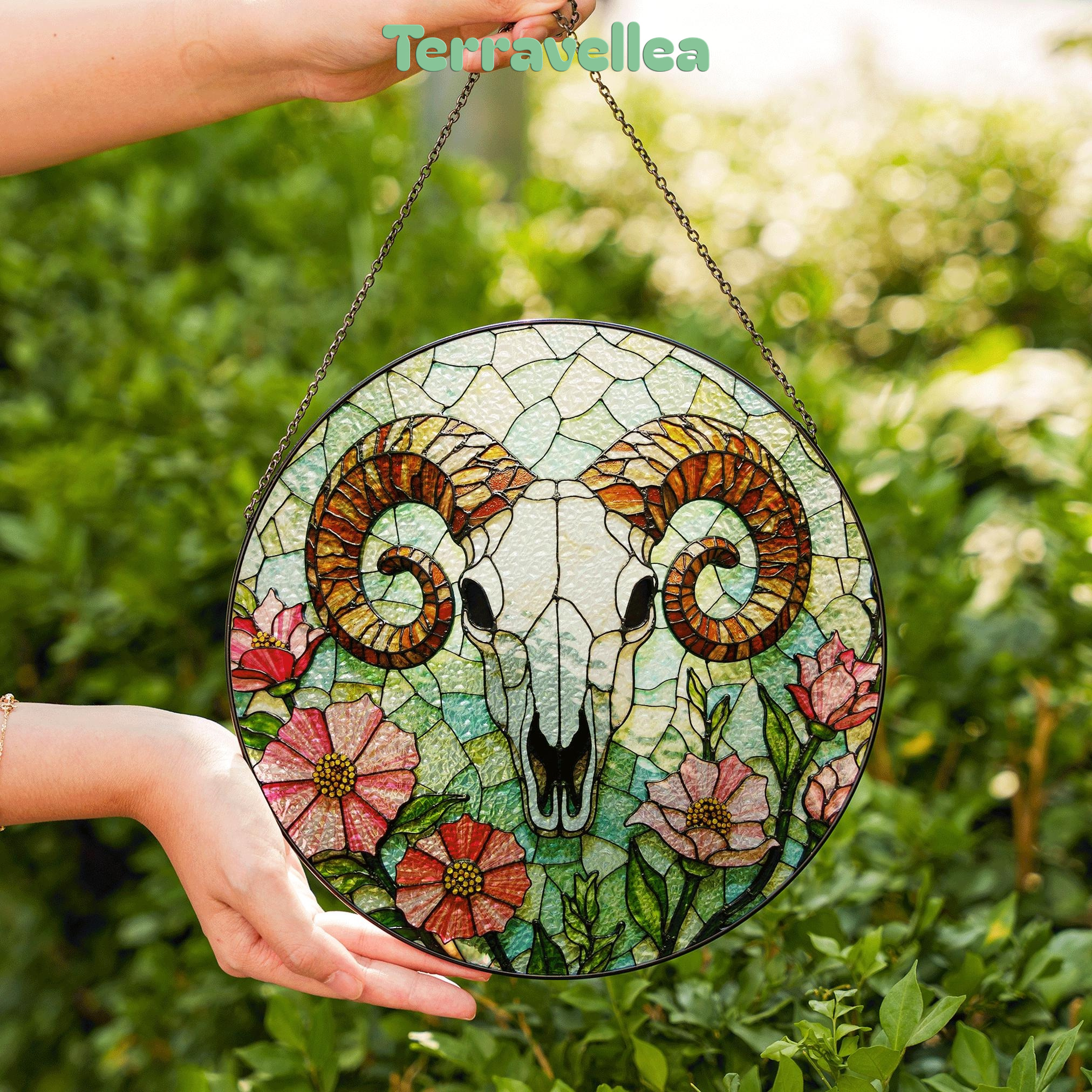 Ram Skull With Wildflowers Stained Glass Suncatcher Rustic Decor Gift for Nature Lovers - image 6