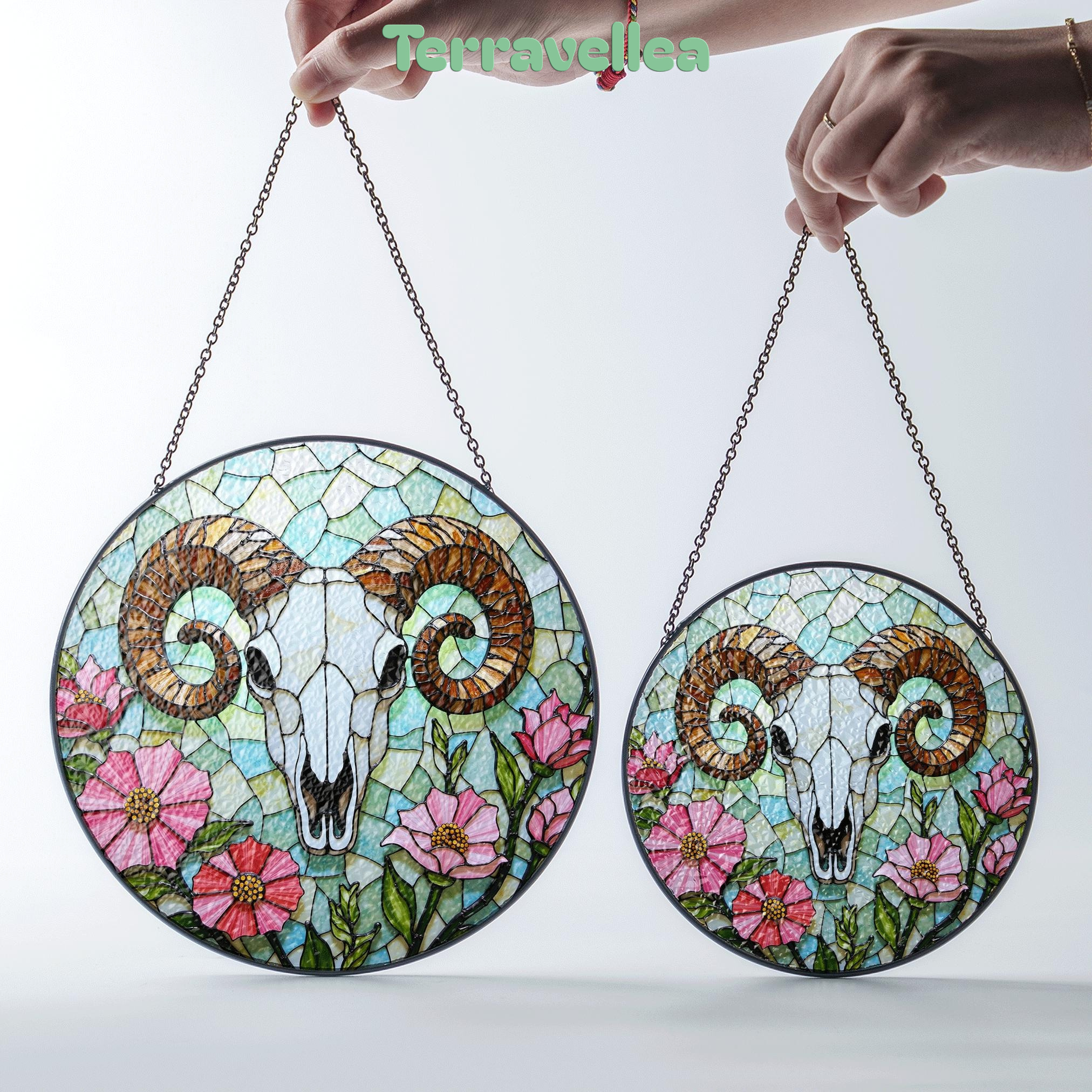 Ram Skull With Wildflowers Stained Glass Suncatcher Rustic Decor Gift for Nature Lovers - image 7