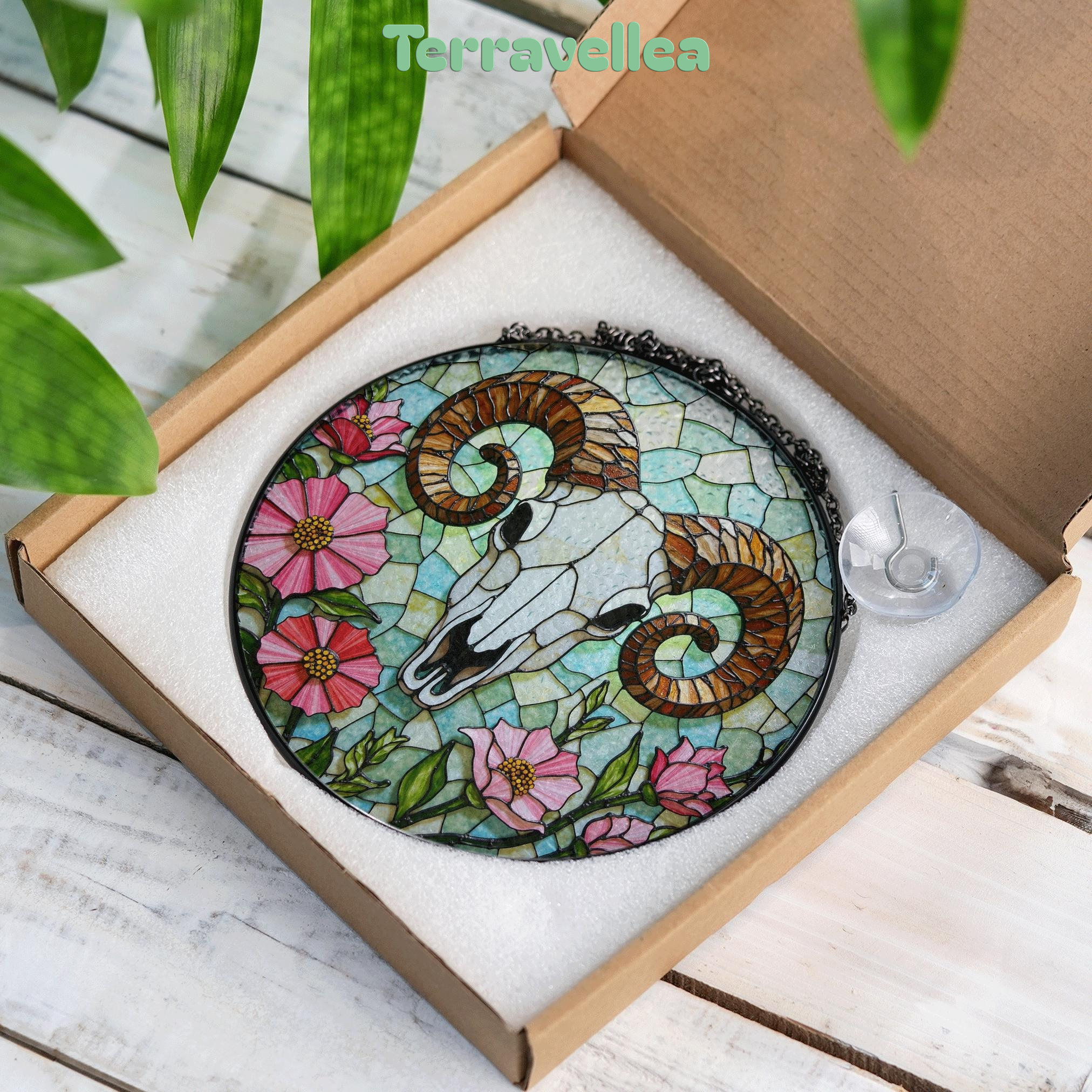 Ram Skull With Wildflowers Stained Glass Suncatcher Rustic Decor Gift for Nature Lovers - image 9