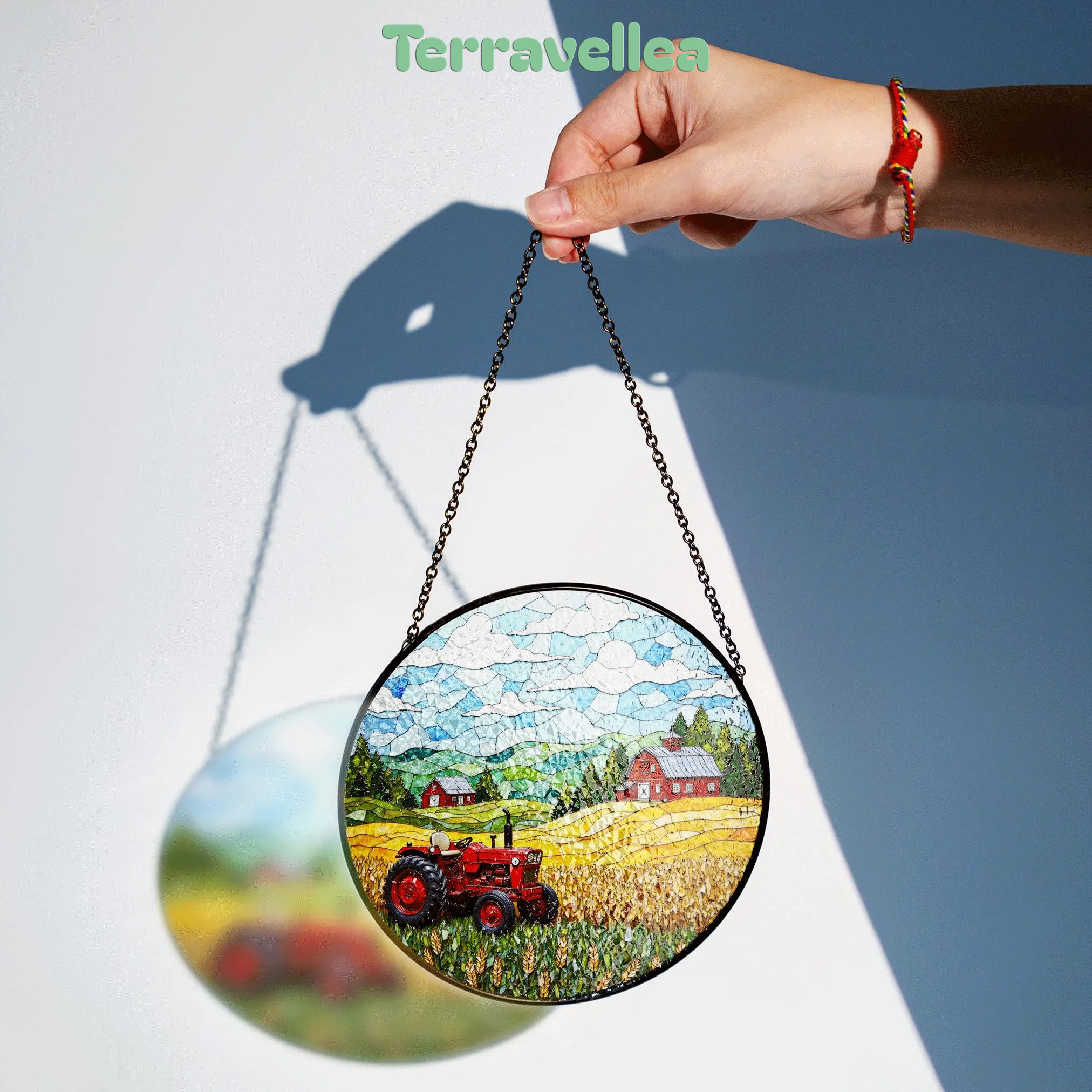 Red Tractor Farm Scene Stained Glass Suncatcher Country Landscape Window Decor Gift Dad - image 2