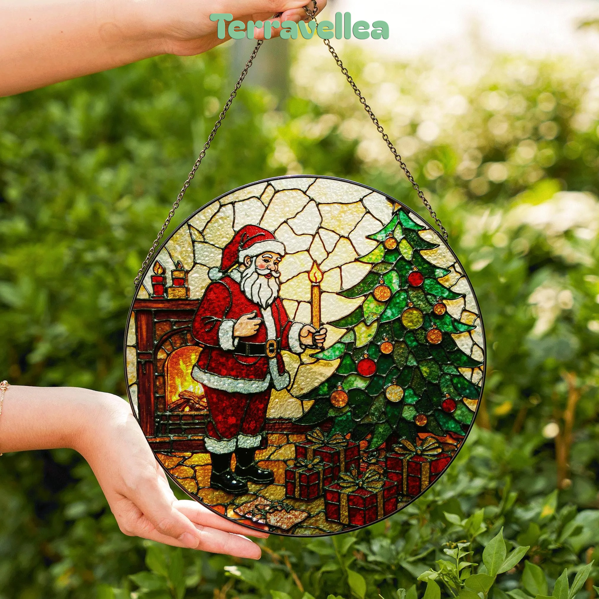 Santa by Christmas Tree Round Glass Suncatcher Holiday Window Decor Christmas Gift for Mom - image 6