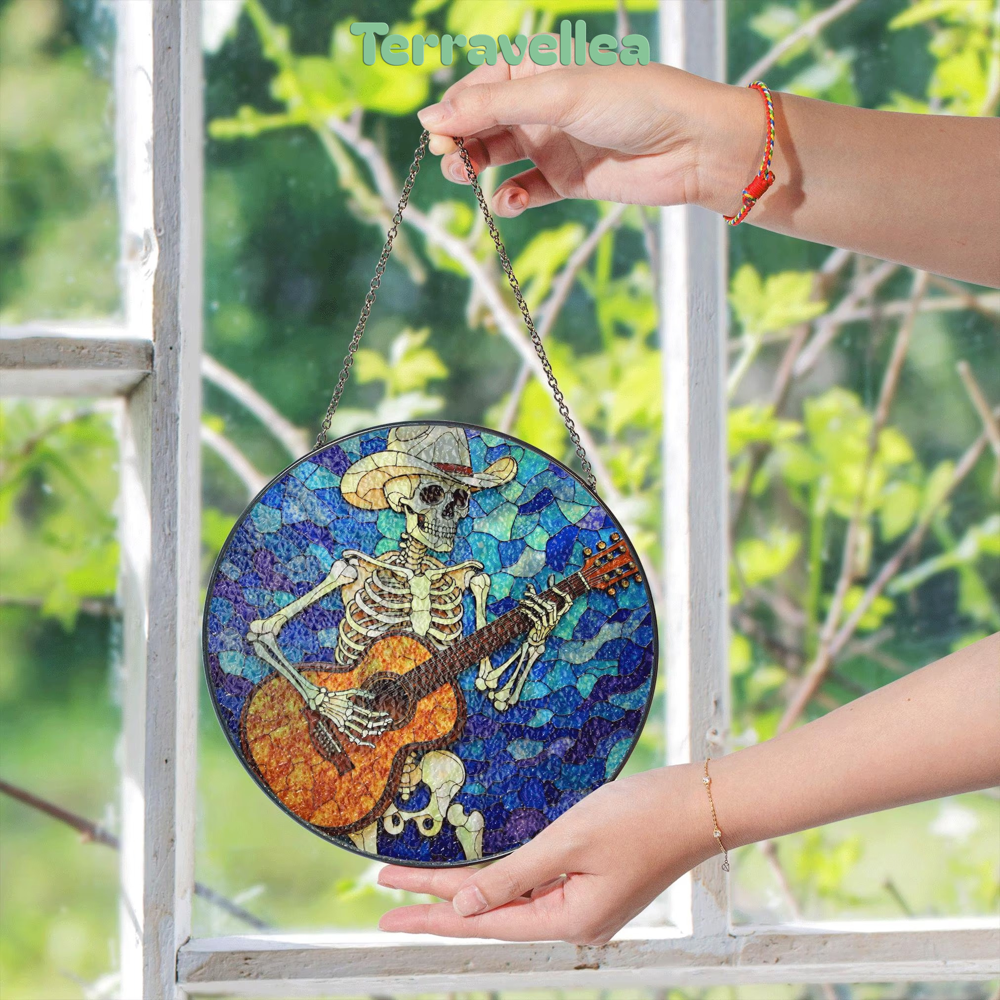 Skeleton Cowboy Playing Guitar Stained Glass Suncatcher Gift for Music Lovers - image 7