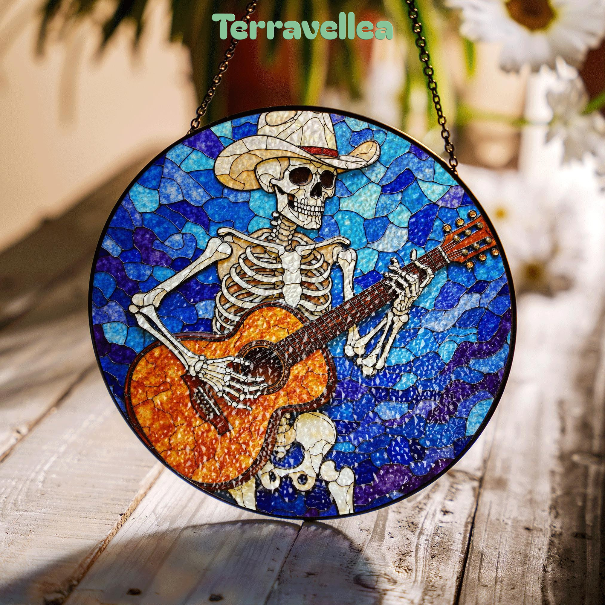 Skeleton Cowboy Playing Guitar Stained Glass Suncatcher Gift for Music Lovers - image 2