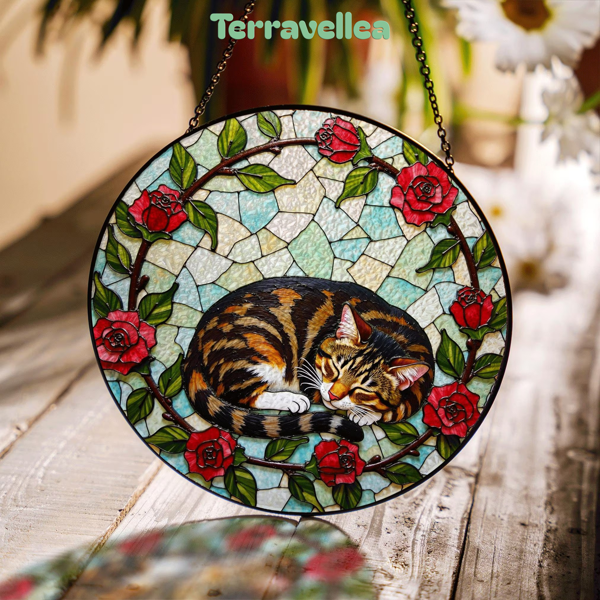 Sleeping Tabby Cat With Roses Round Stained Glass Suncatcher Gift for Cat Lover - image 1