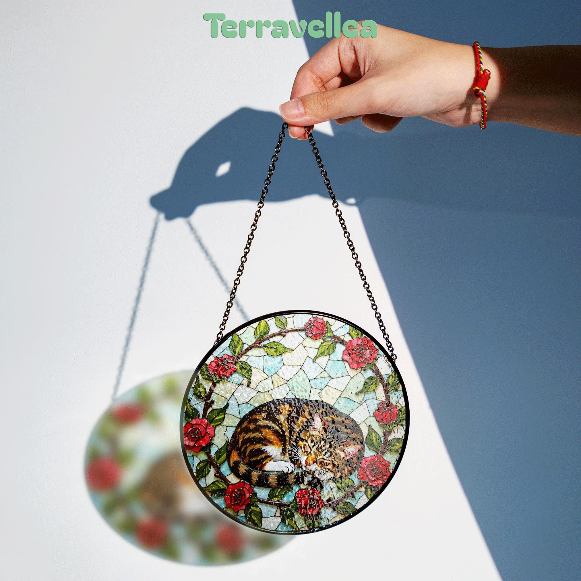 Sleeping Tabby Cat With Roses Round Stained Glass Suncatcher Gift for Cat Lover - image 2