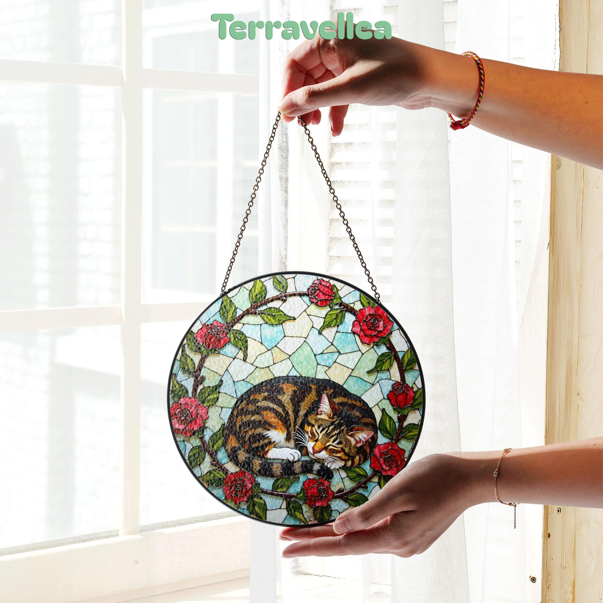 Sleeping Tabby Cat With Roses Round Stained Glass Suncatcher Gift for Cat Lover - image 3