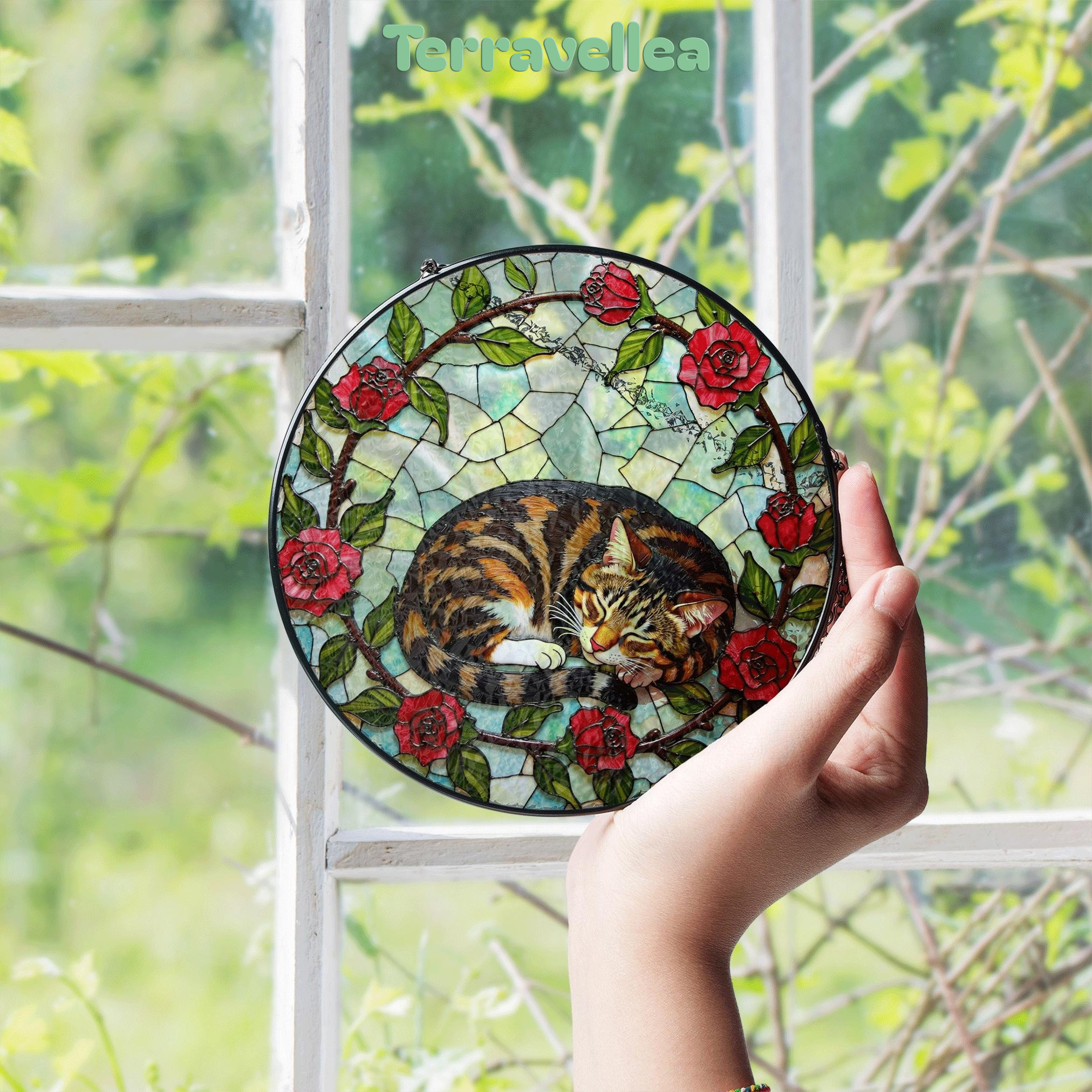 Sleeping Tabby Cat With Roses Round Stained Glass Suncatcher Gift for Cat Lover - image 4