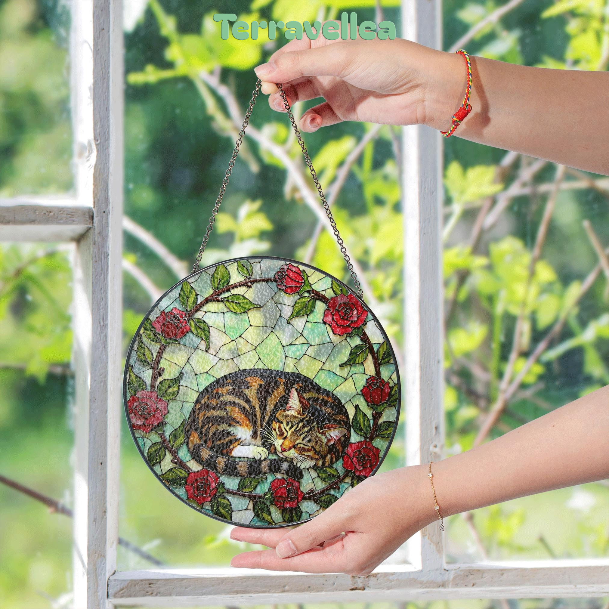 Sleeping Tabby Cat With Roses Round Stained Glass Suncatcher Gift for Cat Lover - image 5