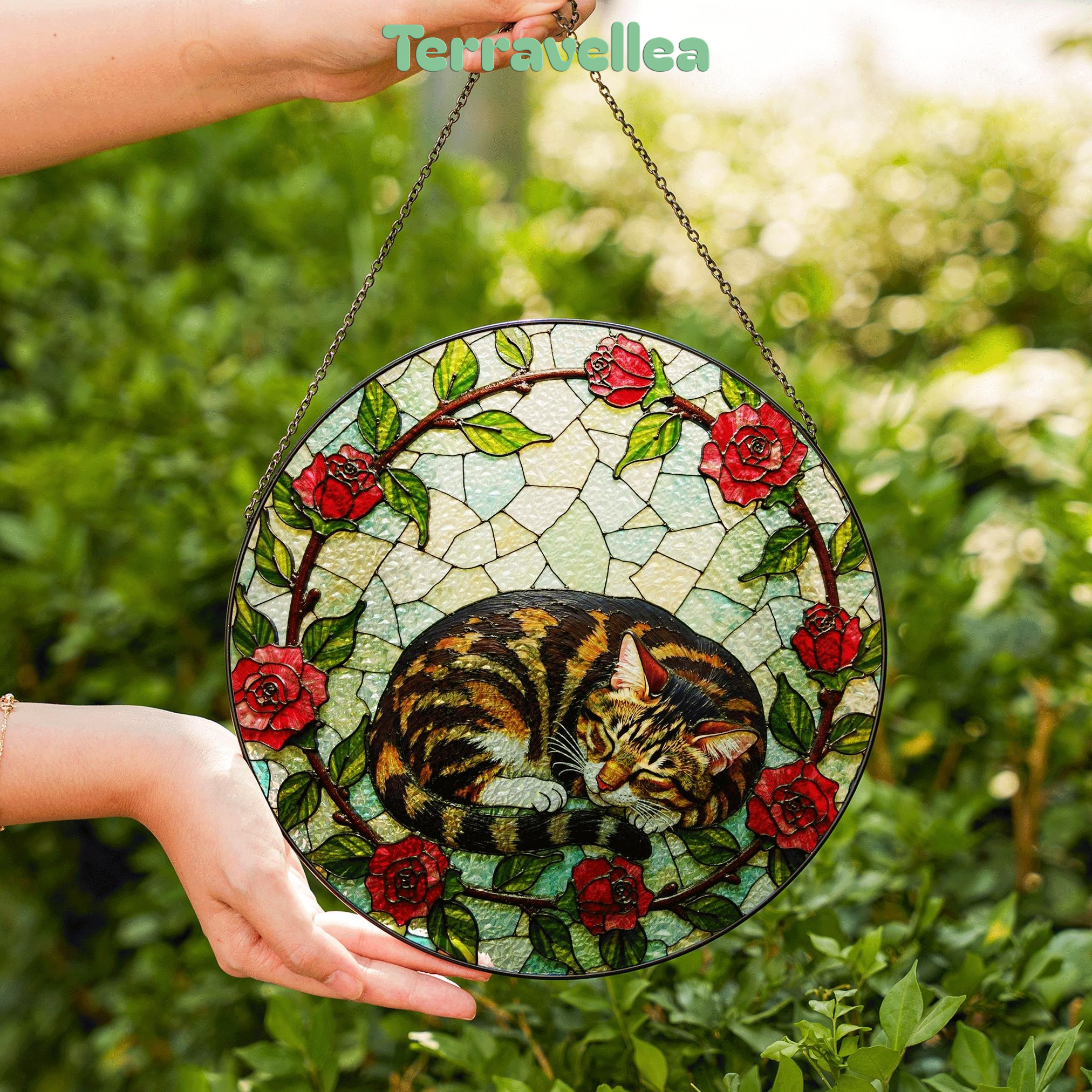 Sleeping Tabby Cat With Roses Round Stained Glass Suncatcher Gift for Cat Lover - image 6