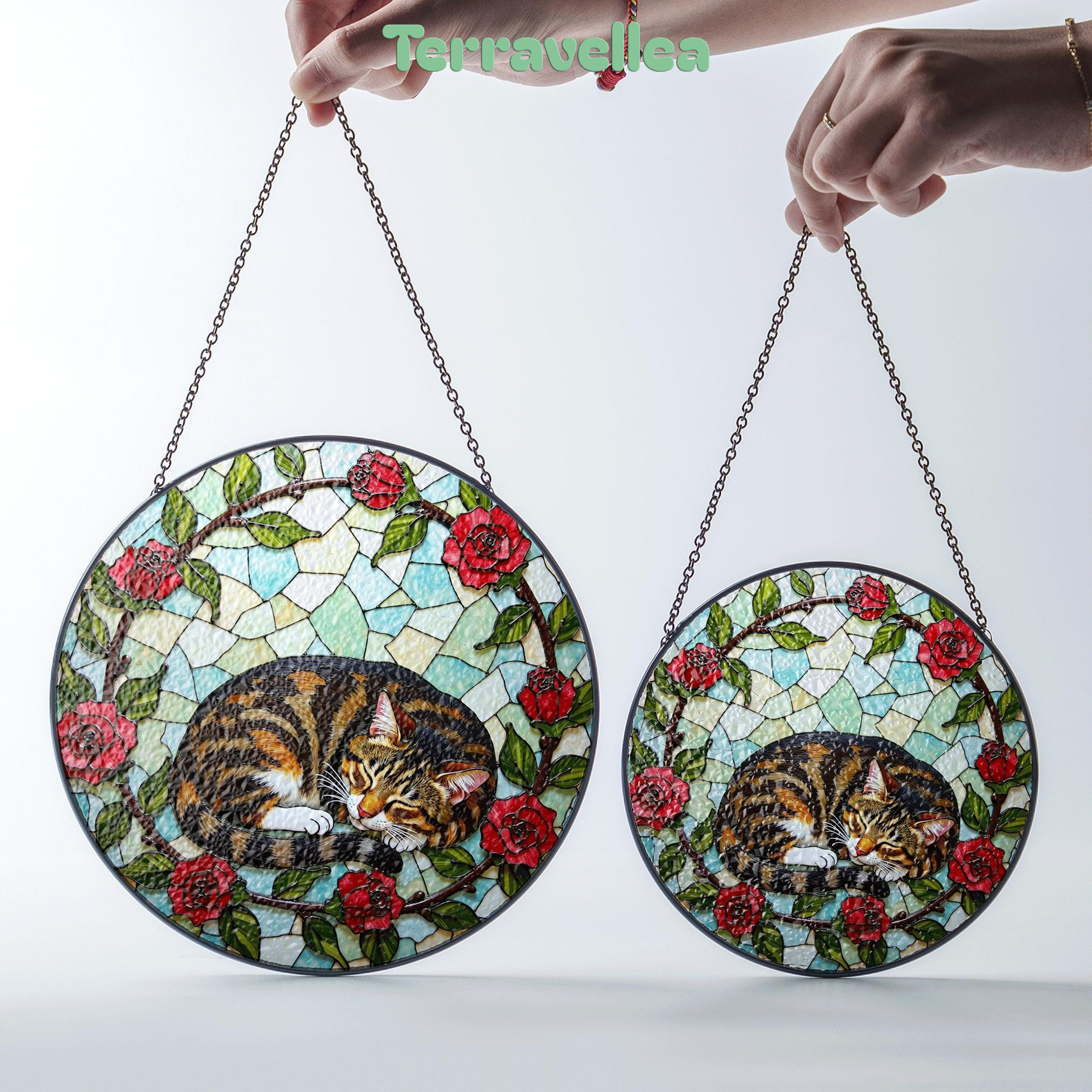 Sleeping Tabby Cat With Roses Round Stained Glass Suncatcher Gift for Cat Lover - image 7
