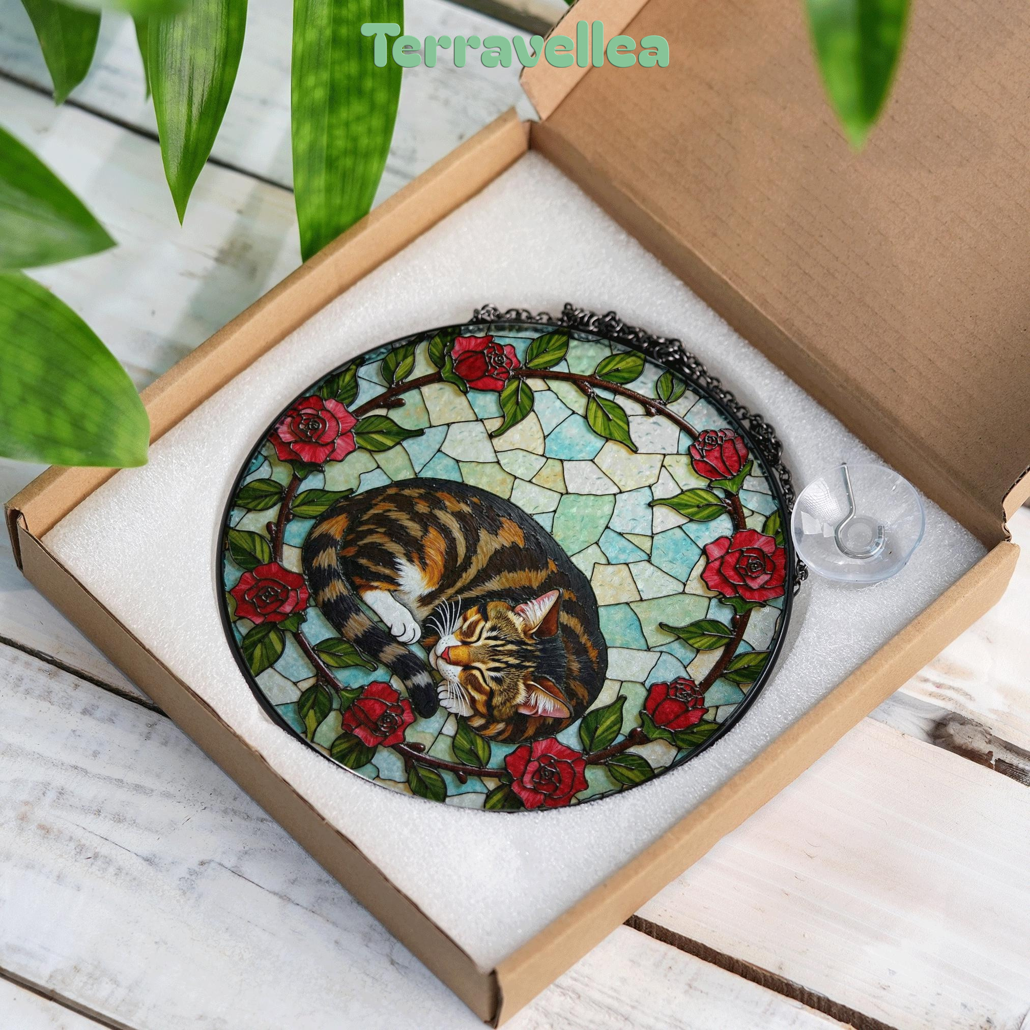 Sleeping Tabby Cat With Roses Round Stained Glass Suncatcher Gift for Cat Lover - image 9