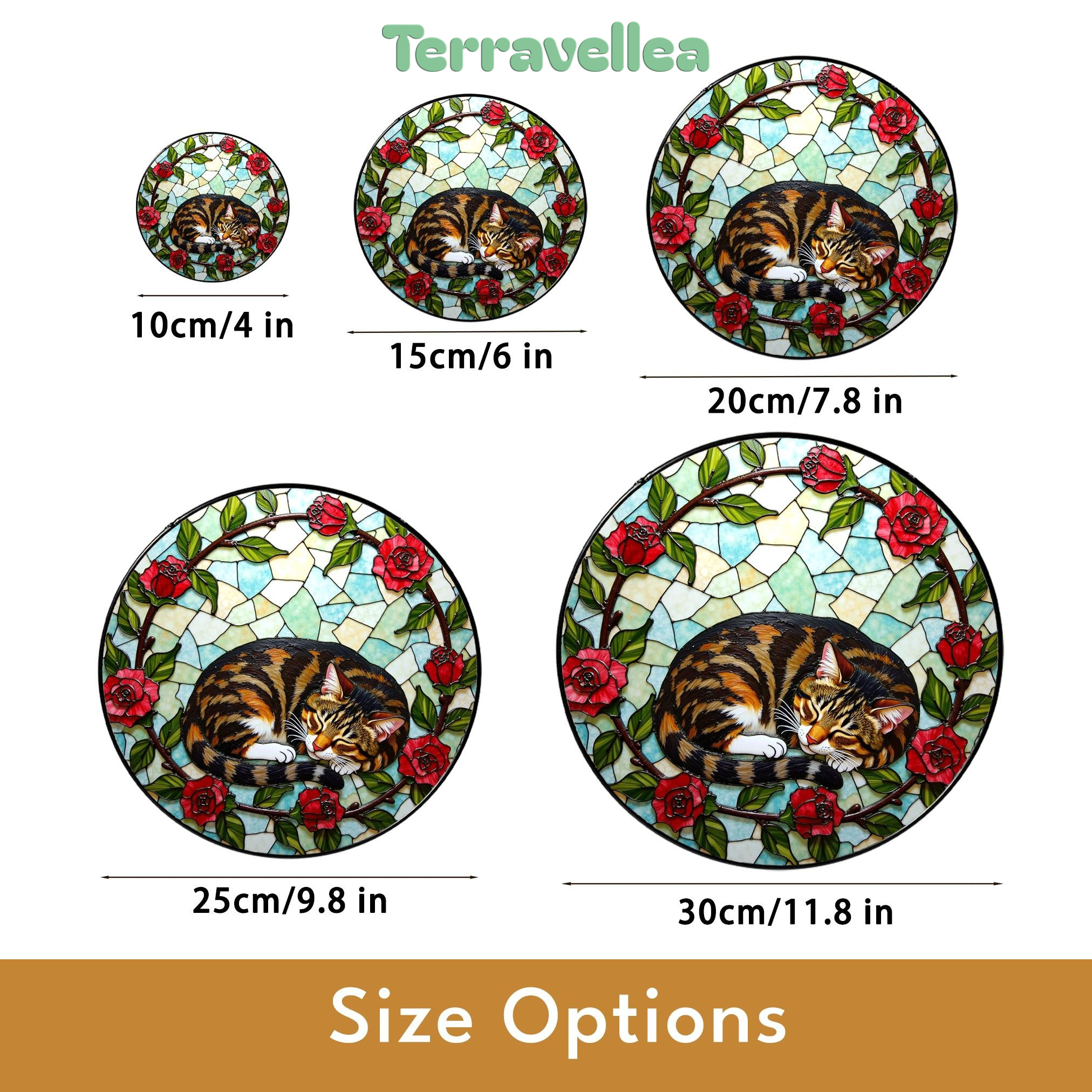 Sleeping Tabby Cat With Roses Round Stained Glass Suncatcher Gift for Cat Lover - image 10