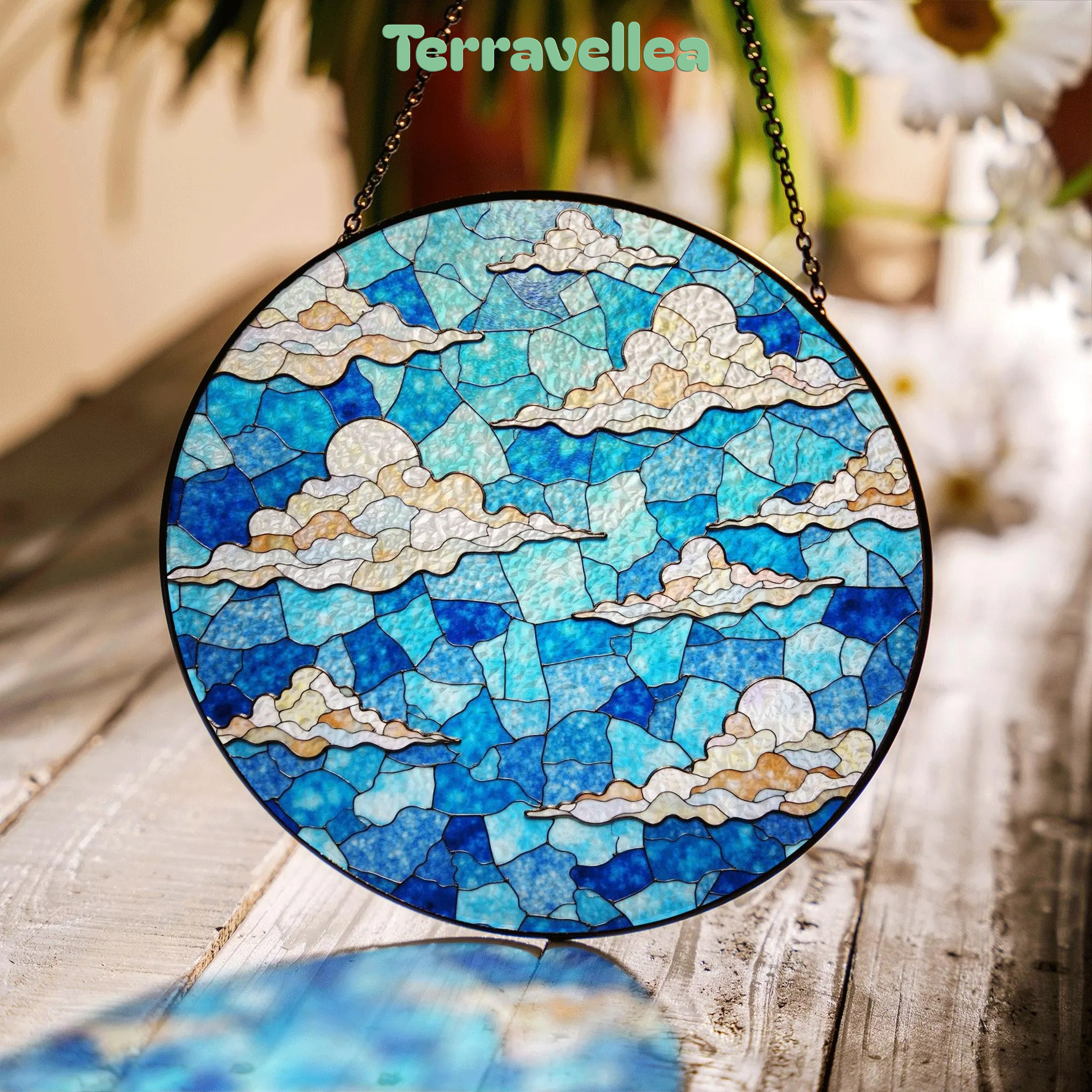 Stained Blue Sky Cloud Glass Suncatcher With Dreamy Layers of Light for Window Decor Gift for Sky Lovers - image 1