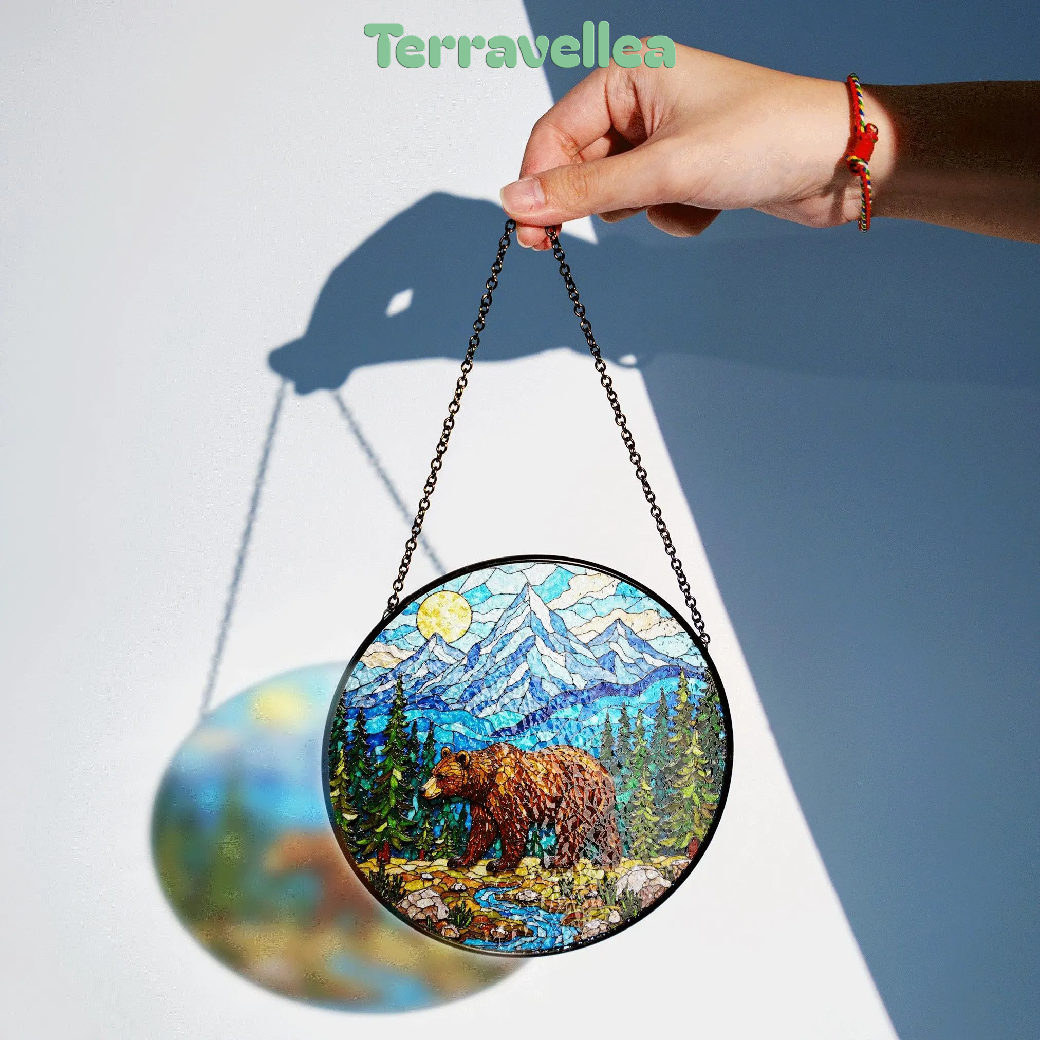 Stained Glass Bear in Mountains Suncatcher Nature Art Gift for Outdoors Lovers - image 2