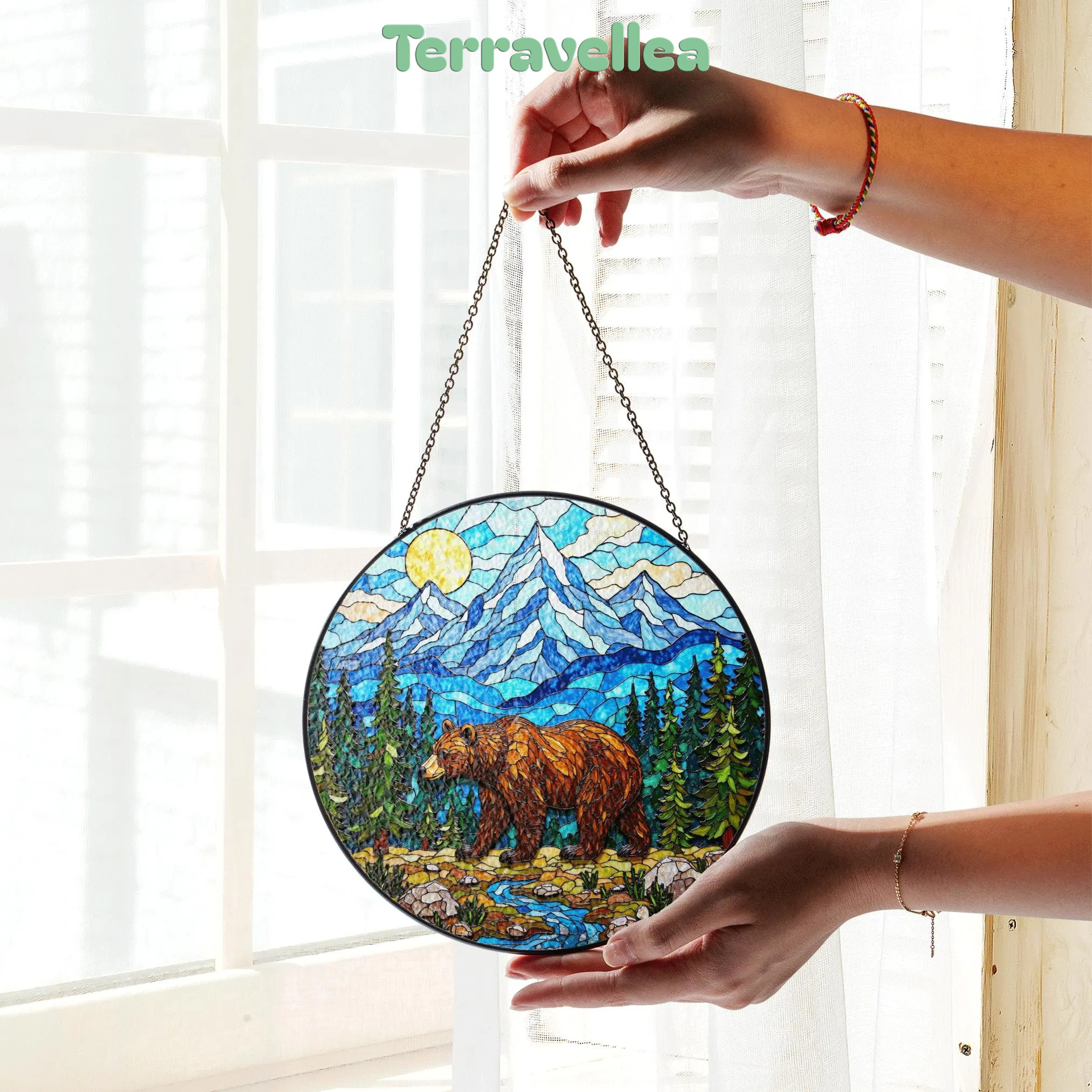 Stained Glass Bear in Mountains Suncatcher Nature Art Gift for Outdoors Lovers - image 3