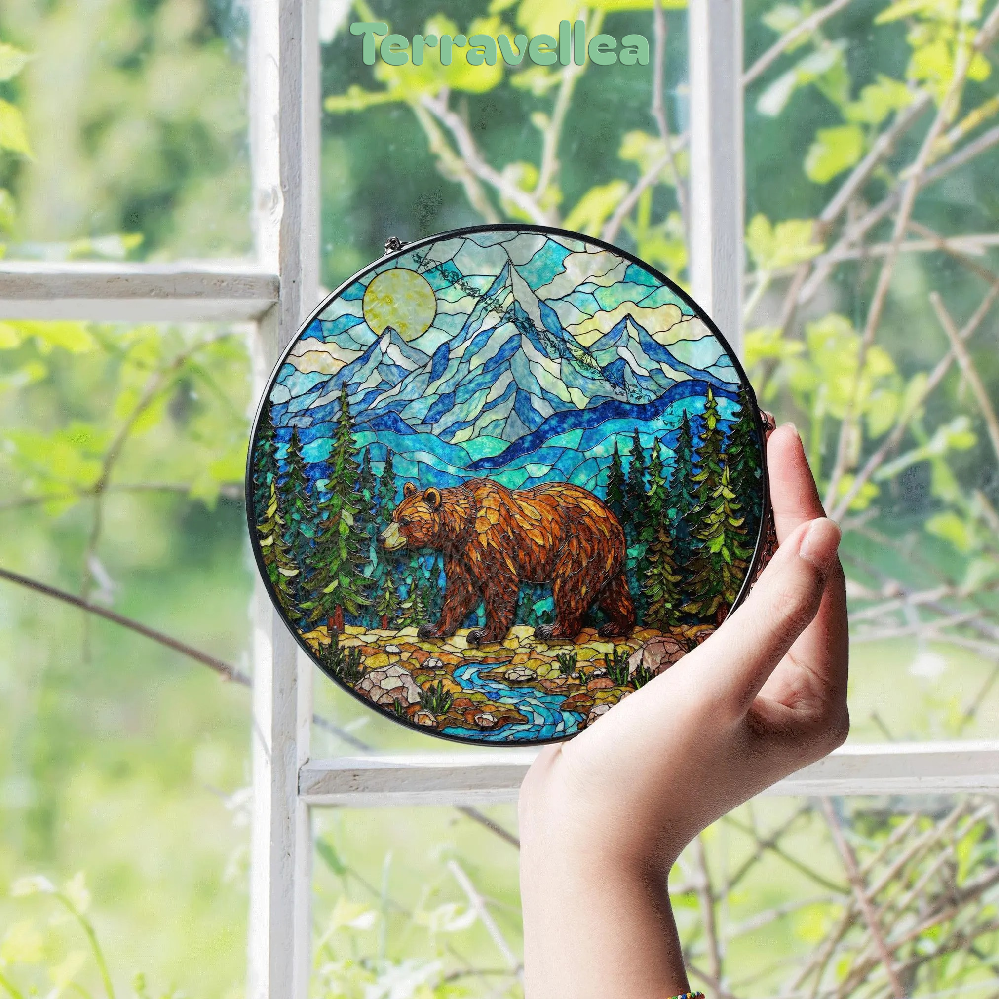 Stained Glass Bear in Mountains Suncatcher Nature Art Gift for Outdoors Lovers - image 4