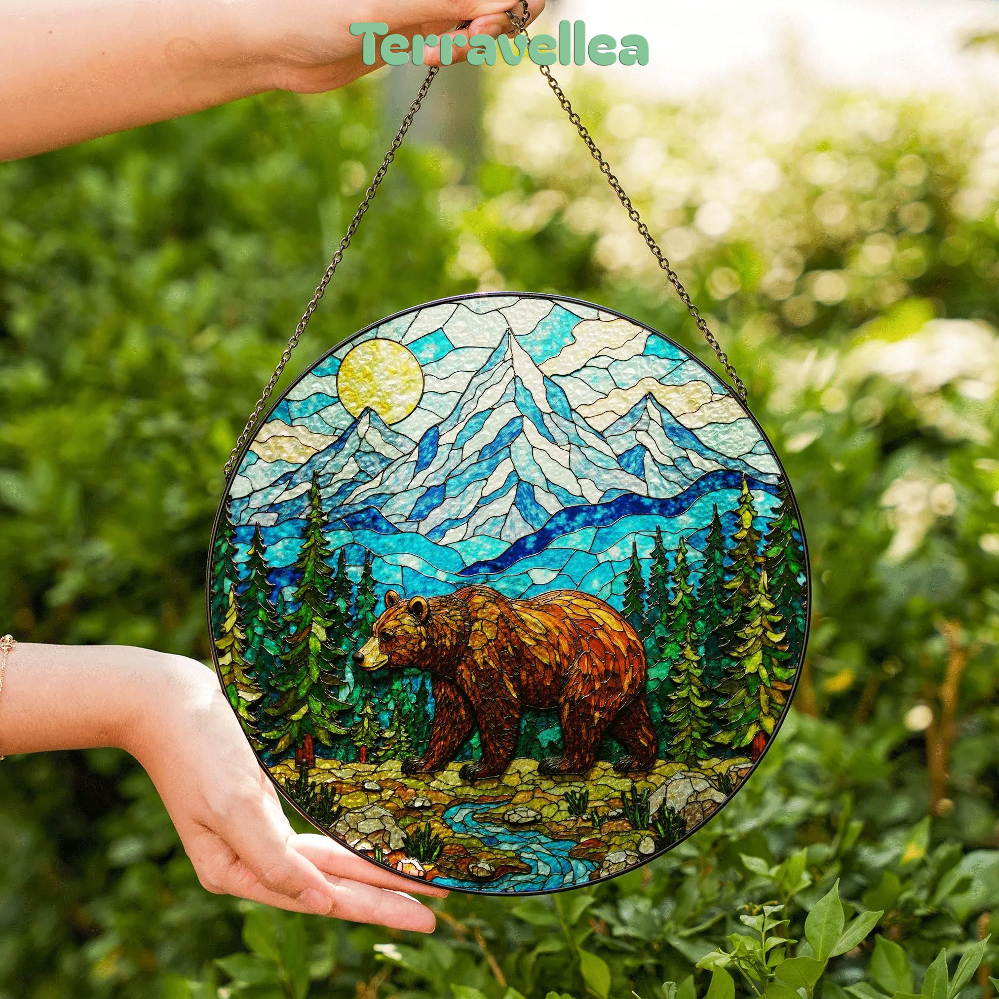 Stained Glass Bear in Mountains Suncatcher Nature Art Gift for Outdoors Lovers - image 6