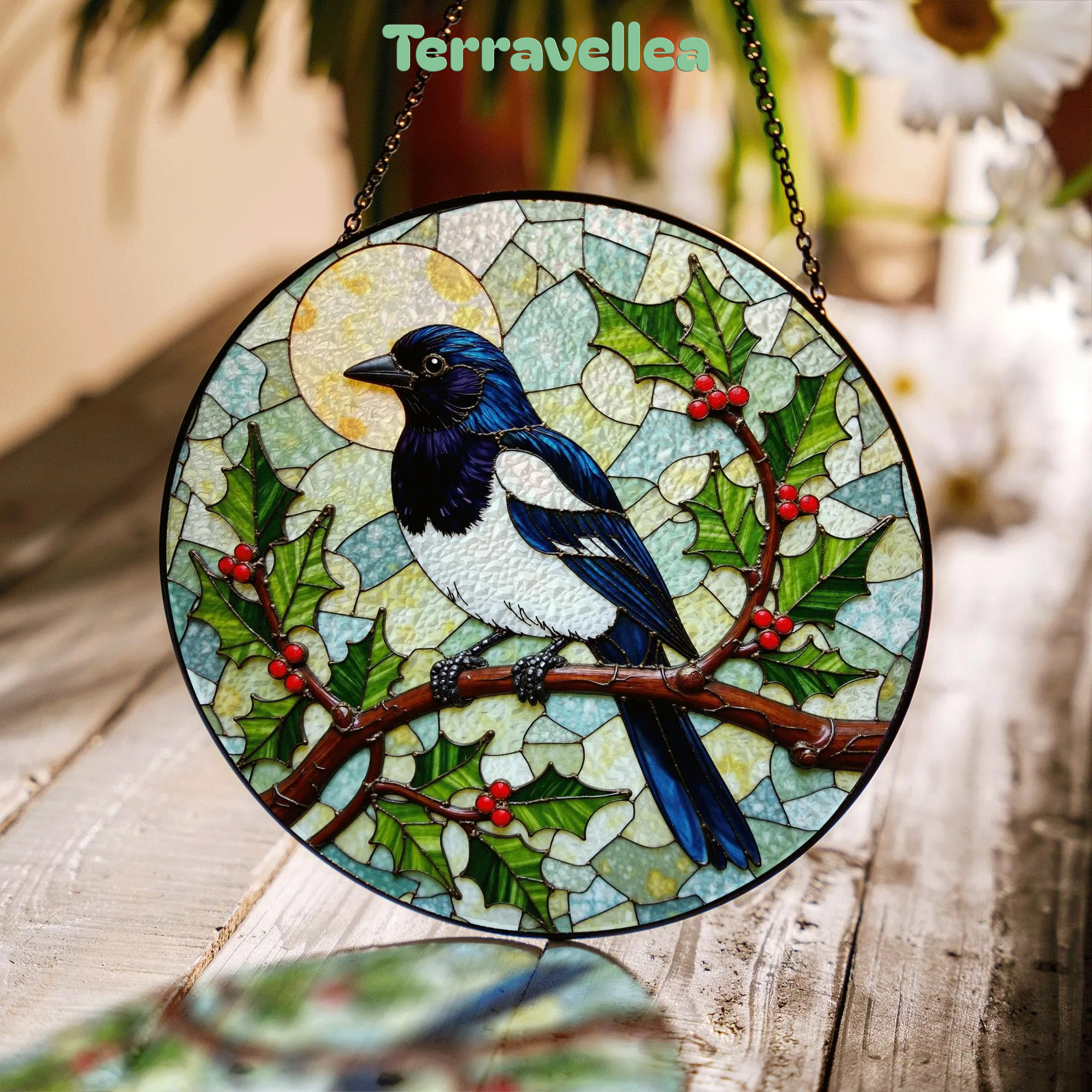 Stained Glass Magpie Suncatcher Window Hanging Bird Lover Gift Nature Decor - image 1