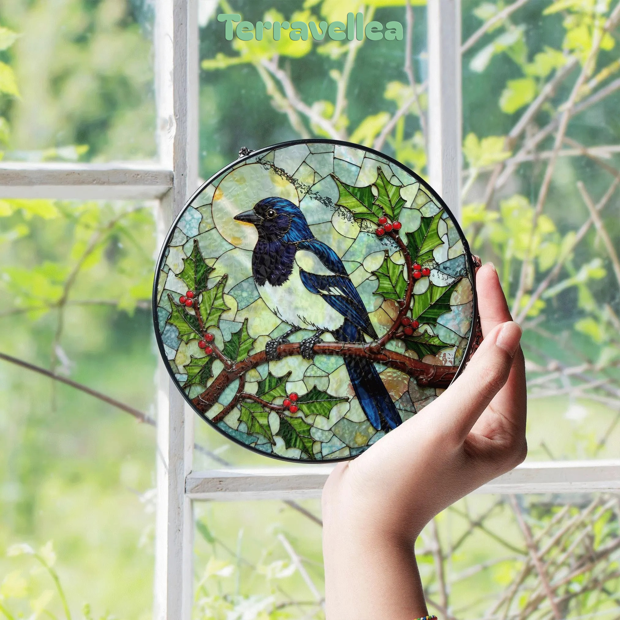 Stained Glass Magpie Suncatcher Window Hanging Bird Lover Gift Nature Decor - image 4