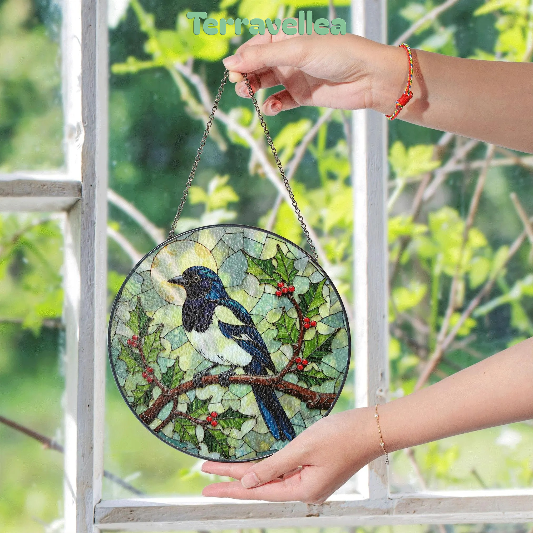 Stained Glass Magpie Suncatcher Window Hanging Bird Lover Gift Nature Decor - image 5