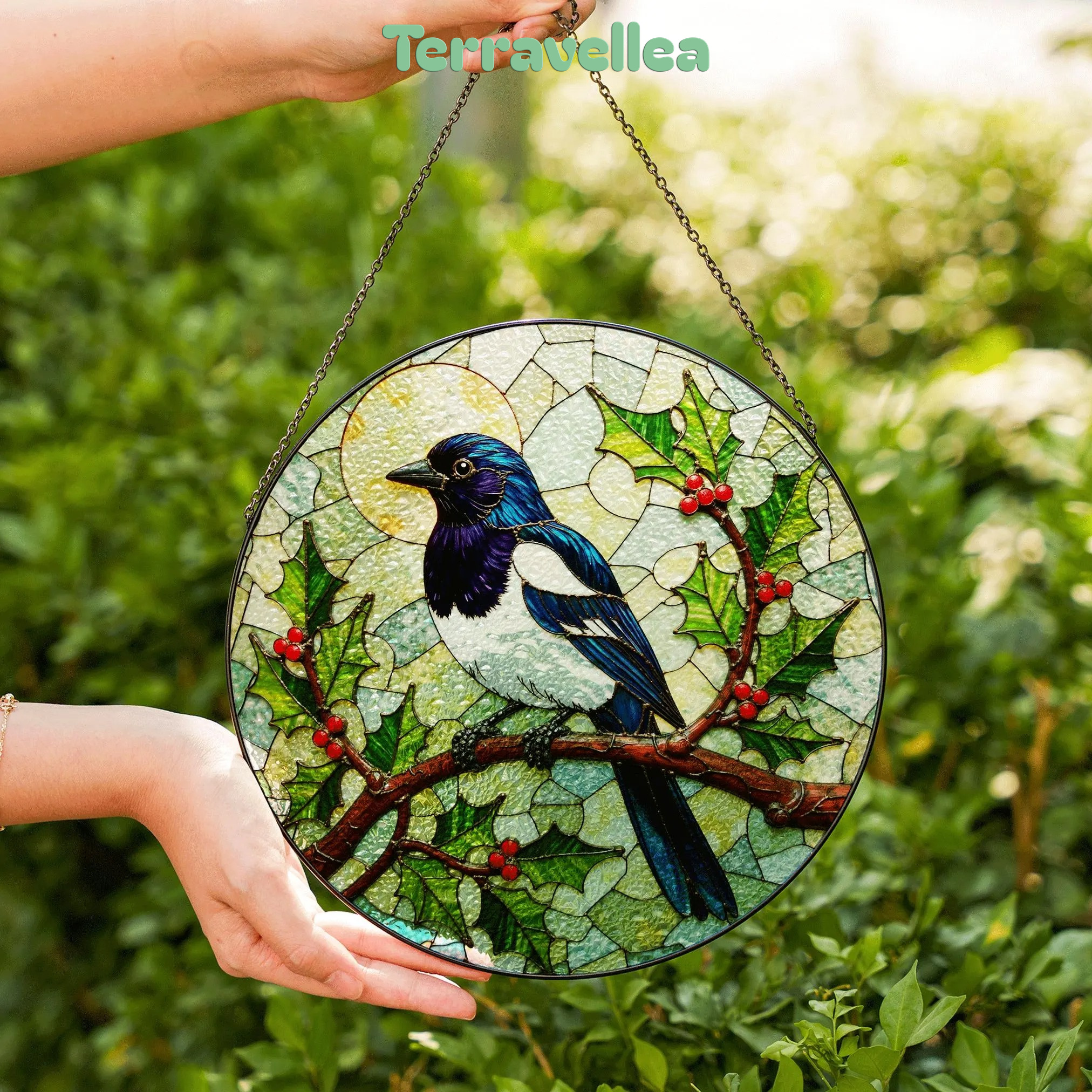Stained Glass Magpie Suncatcher Window Hanging Bird Lover Gift Nature Decor - image 6
