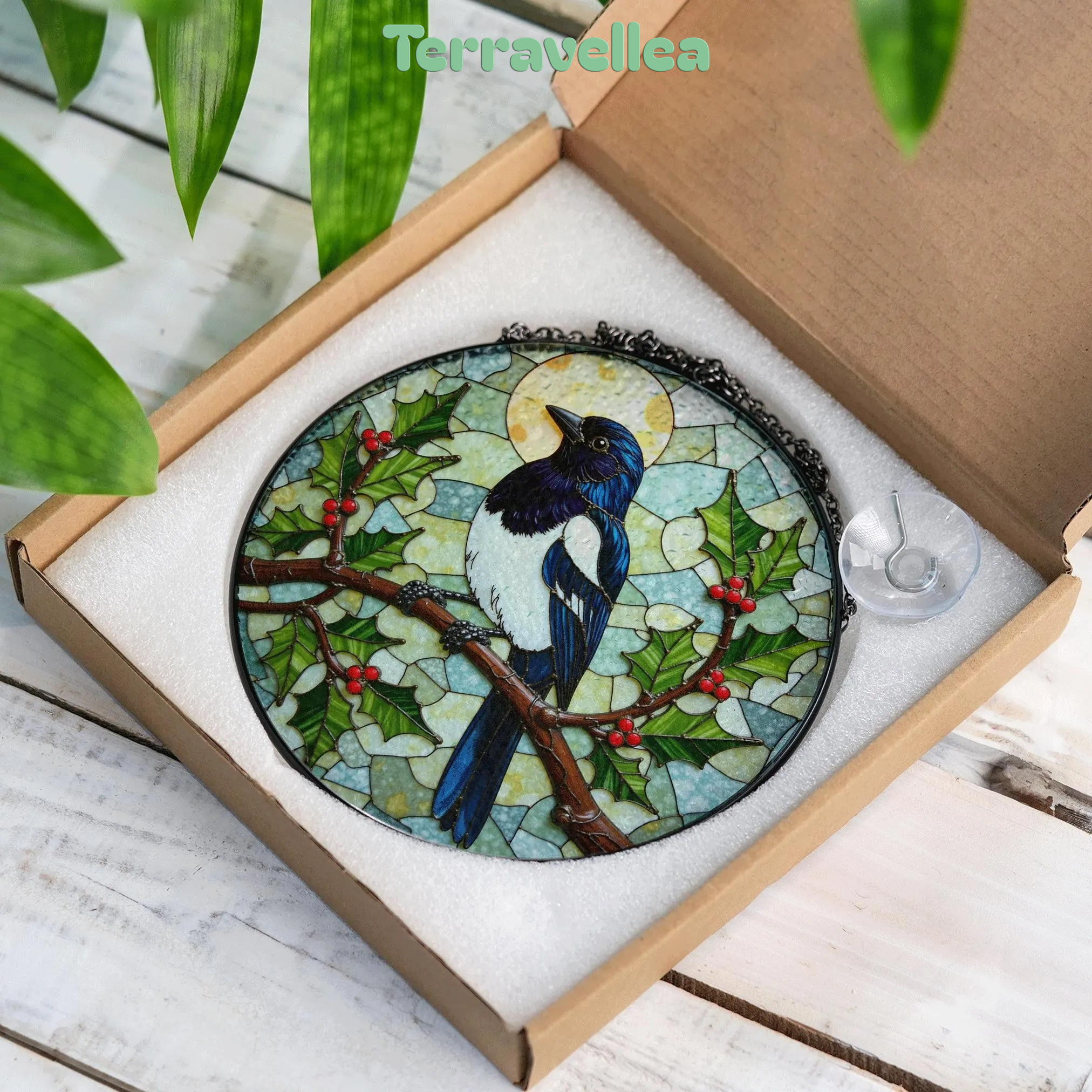 Stained Glass Magpie Suncatcher Window Hanging Bird Lover Gift Nature Decor - image 9