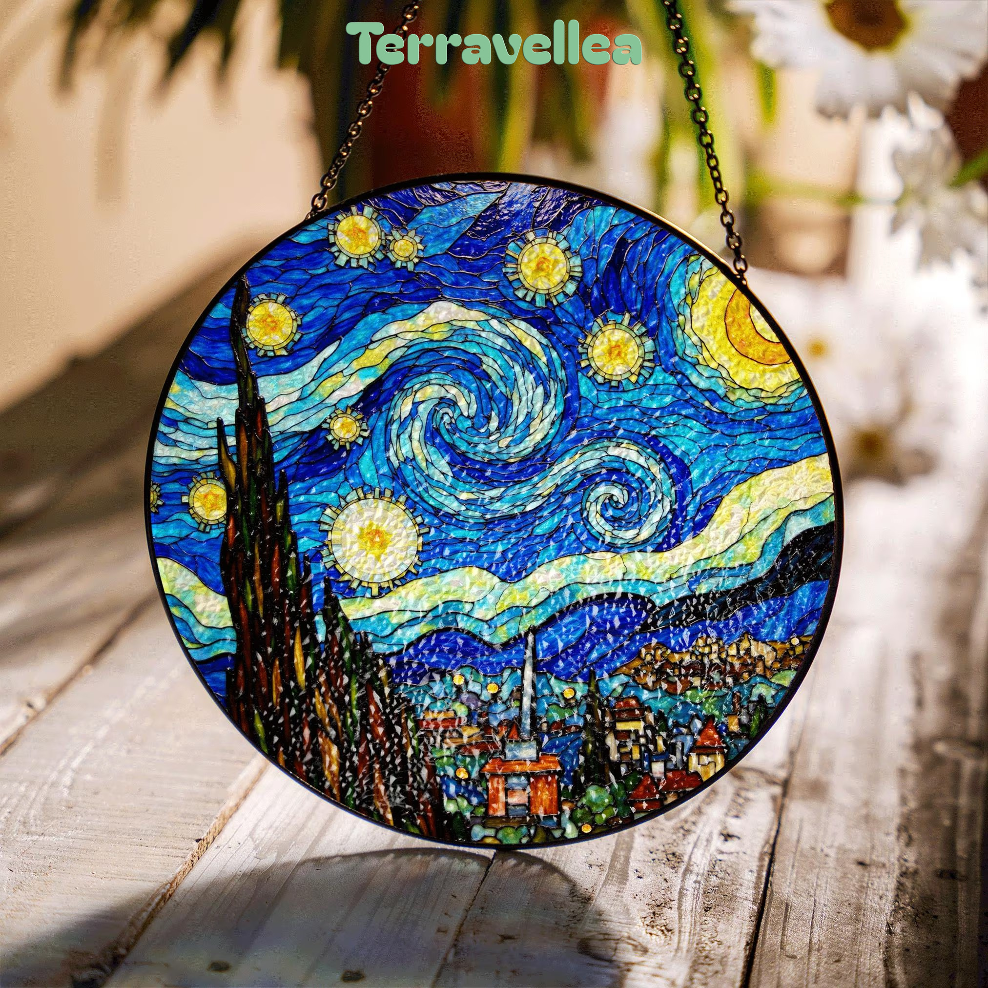 Stained Glass Starry Night Suncatcher Window Hanging Gift for Art Lovers - image 1