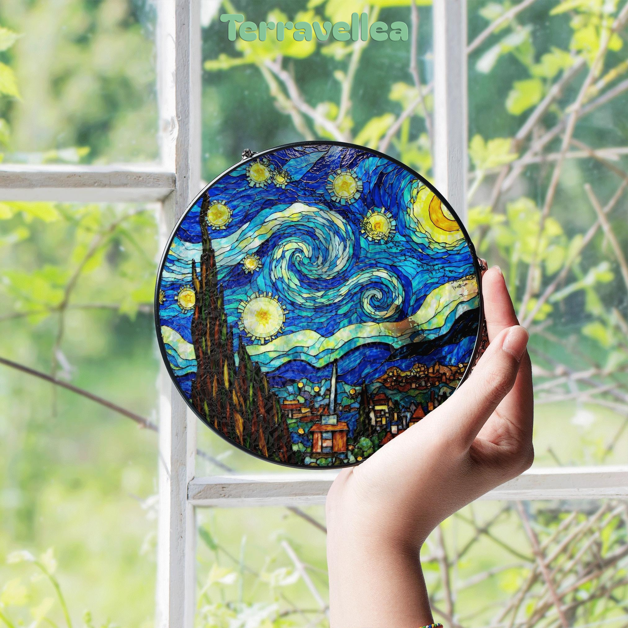 Stained Glass Starry Night Suncatcher Window Hanging Gift for Art Lovers - image 4