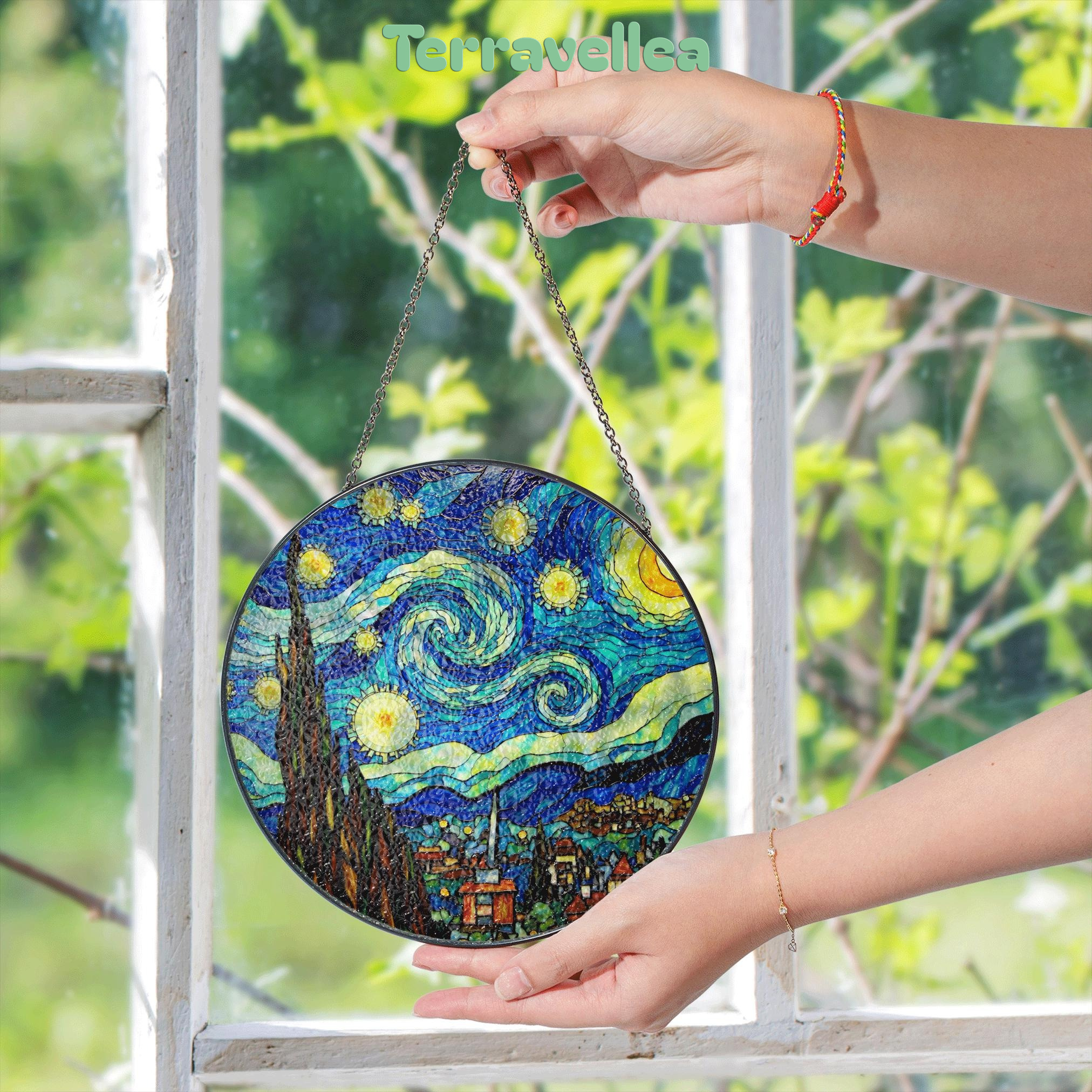 Stained Glass Starry Night Suncatcher Window Hanging Gift for Art Lovers - image 5