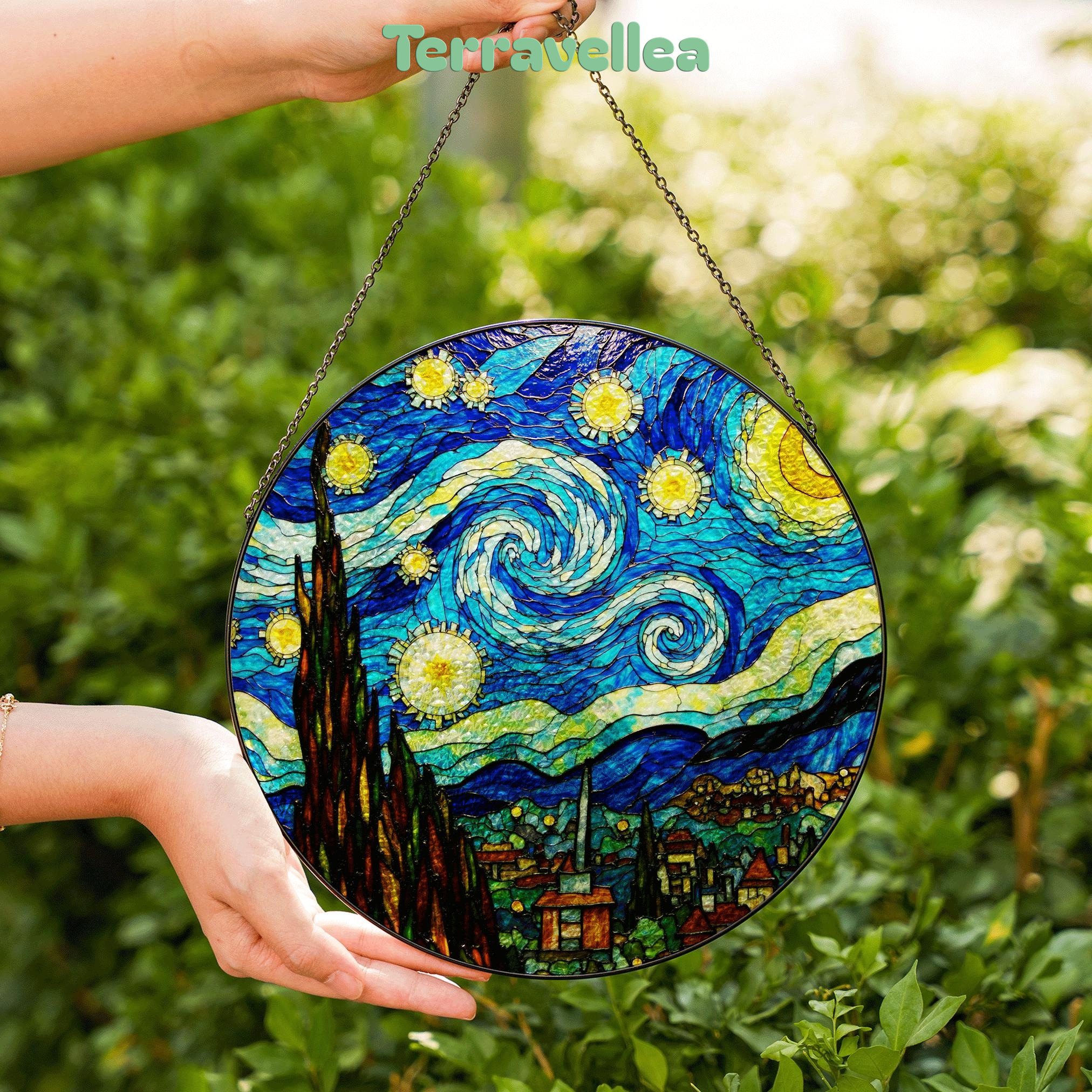 Stained Glass Starry Night Suncatcher Window Hanging Gift for Art Lovers - image 6