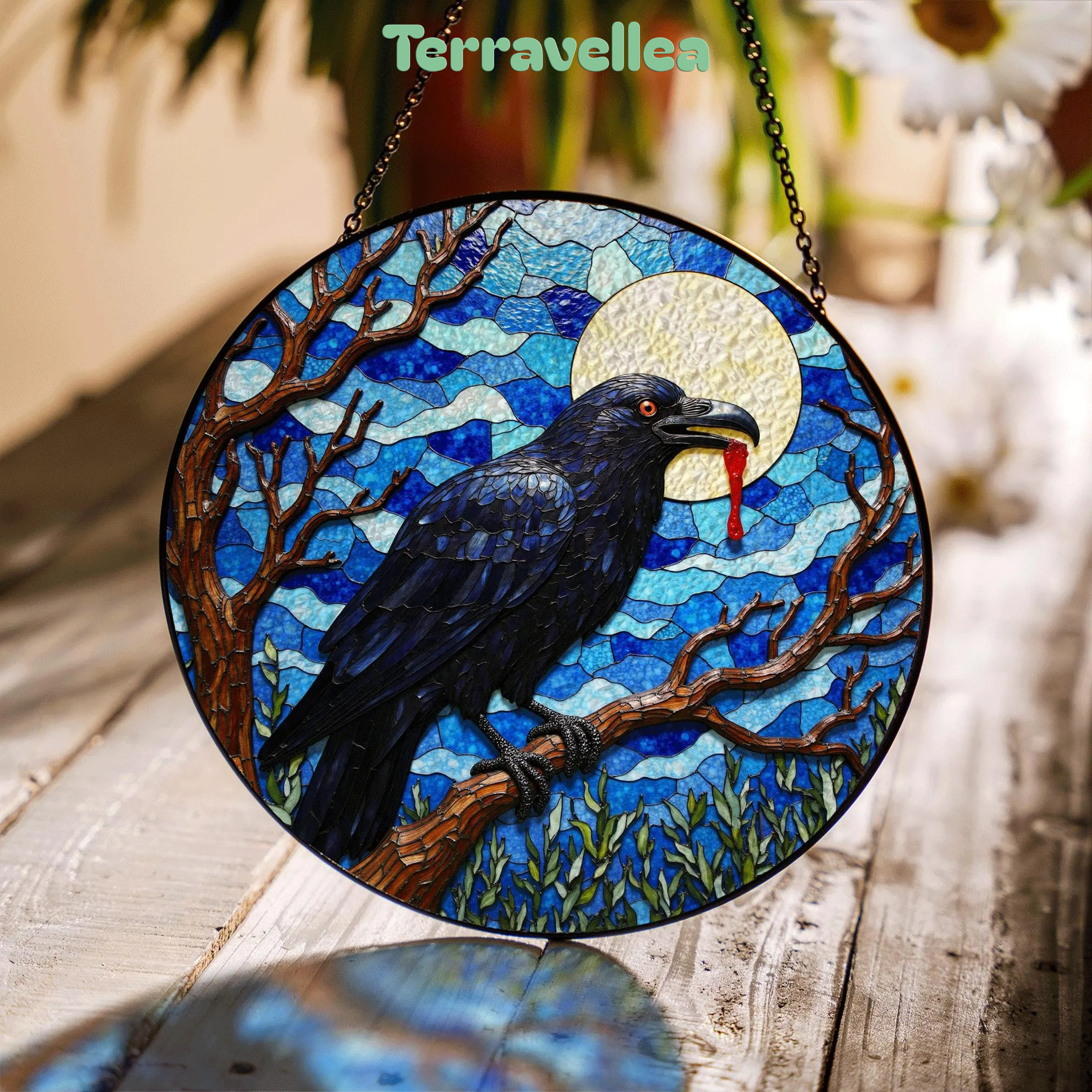 Stained Glass Suncatcher Raven Full Moon Halloween Gift for Mom Gothic Home Decor - image 1