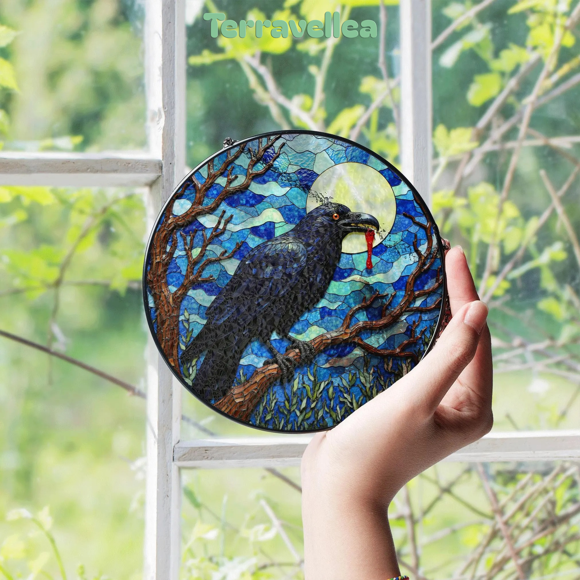 Stained Glass Suncatcher Raven Full Moon Halloween Gift for Mom Gothic Home Decor - image 4