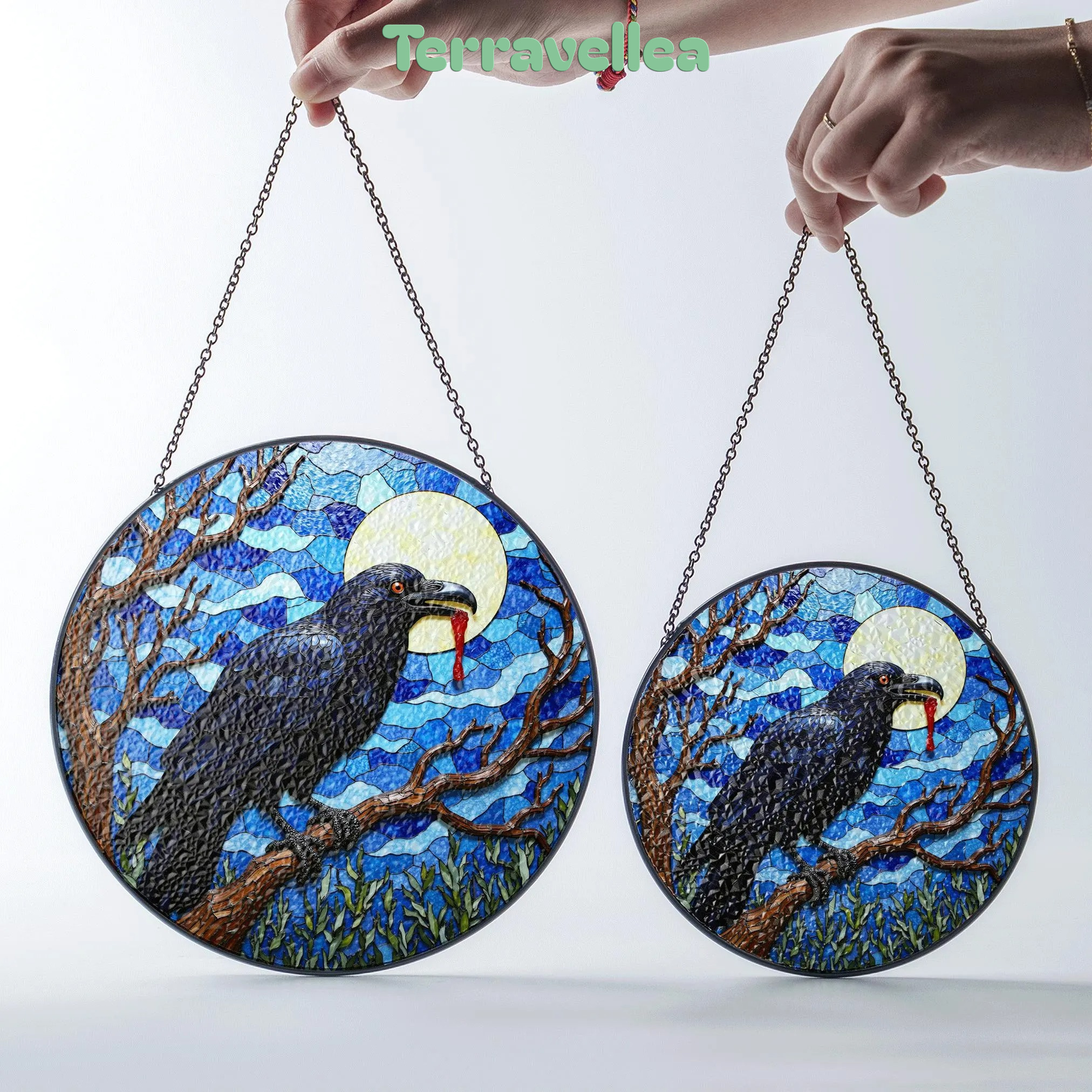 Stained Glass Suncatcher Raven Full Moon Halloween Gift for Mom Gothic Home Decor - image 7