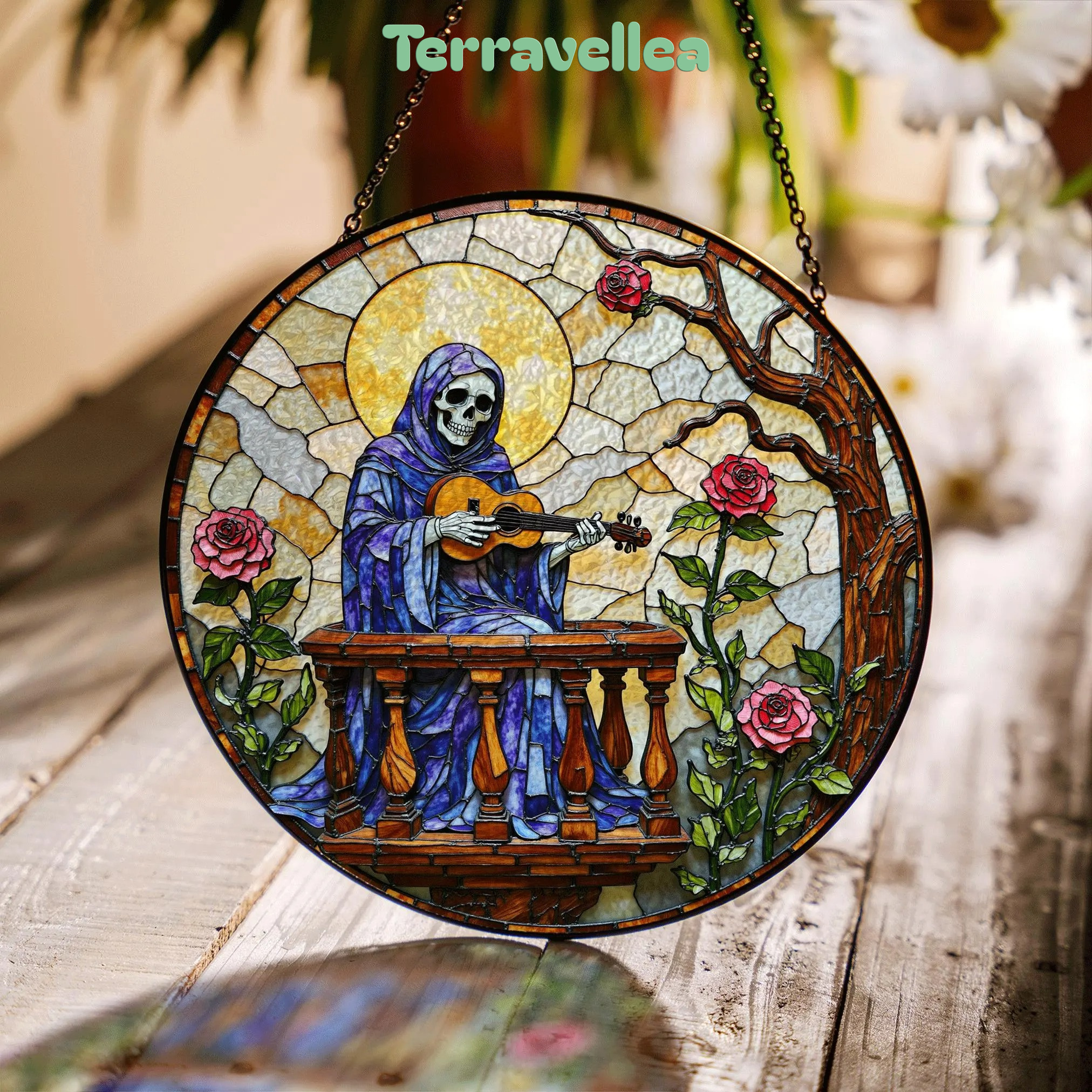 Stained Glass Suncatcher Skeleton Playing Guitar With Roses Gothic Halloween Gift - image 1