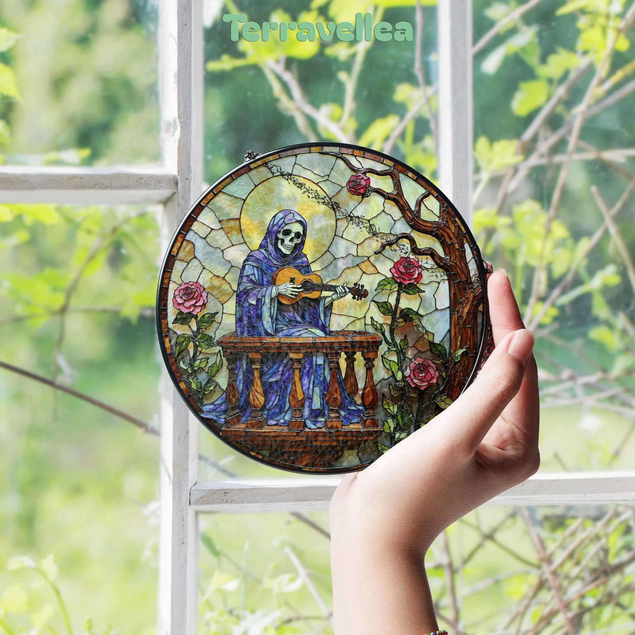 Stained Glass Suncatcher Skeleton Playing Guitar With Roses Gothic Halloween Gift - image 4