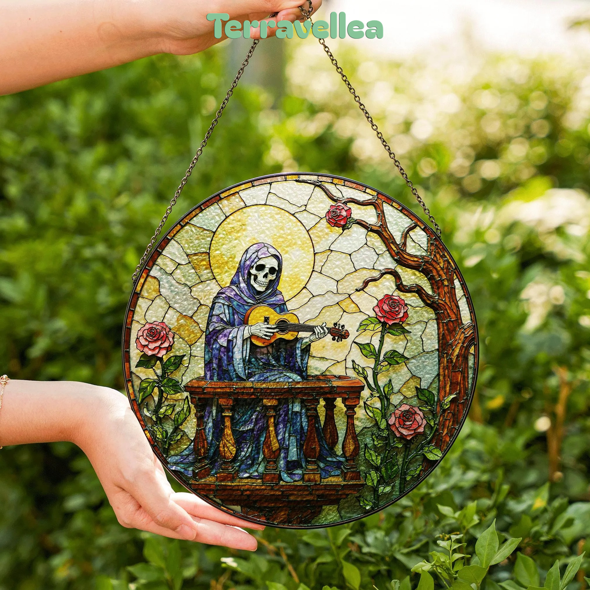 Stained Glass Suncatcher Skeleton Playing Guitar With Roses Gothic Halloween Gift - image 6