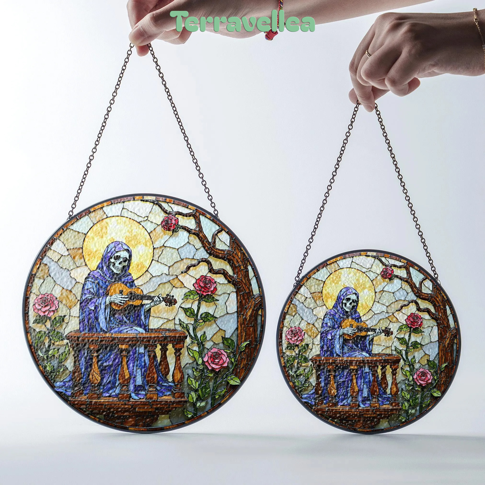 Stained Glass Suncatcher Skeleton Playing Guitar With Roses Gothic Halloween Gift - image 7